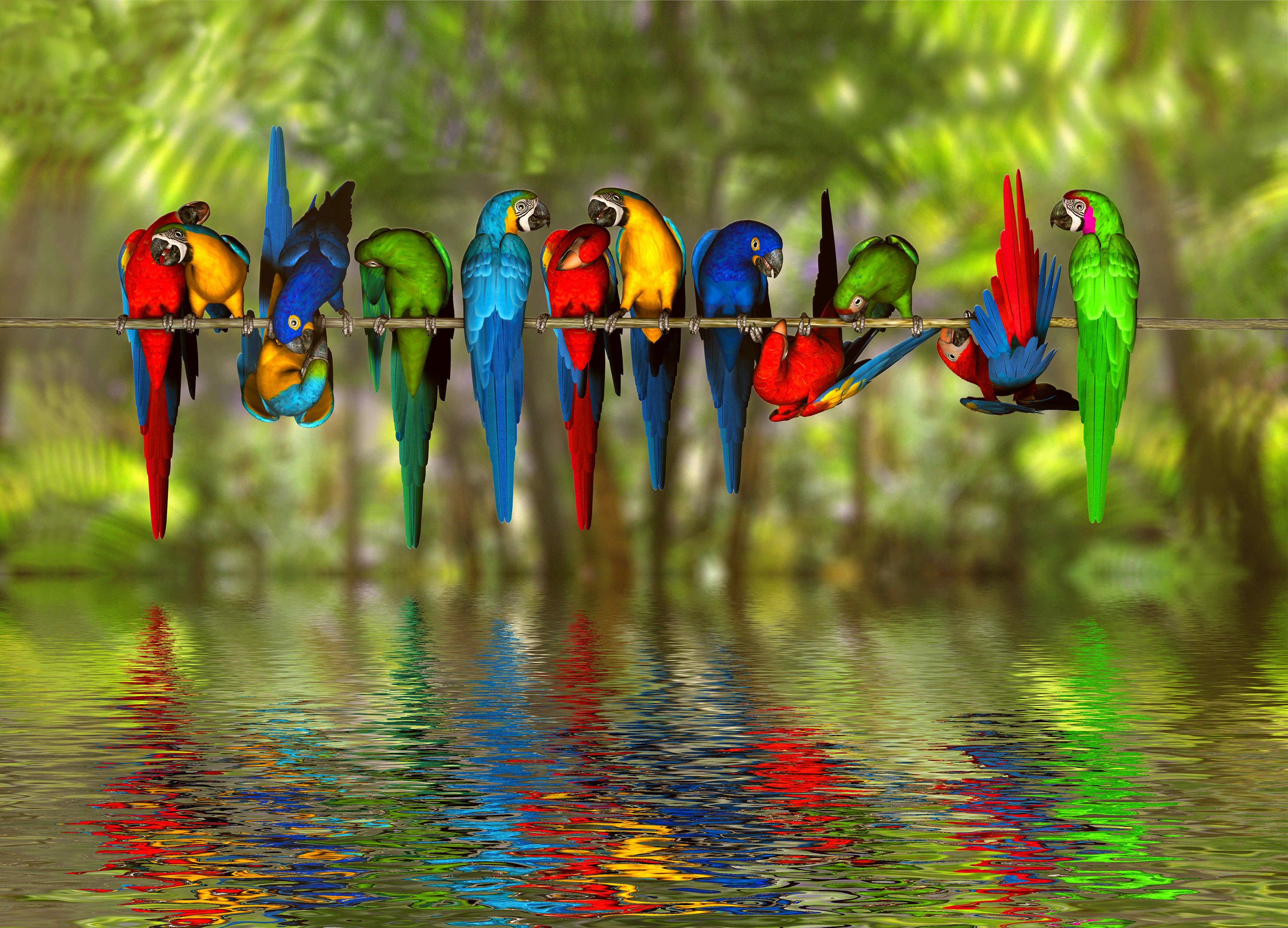 421514 скачать обои гиацинтовый ара, красочный, ара, животные, птицы, сине жёлтый ара, цвета, отражение, красный ара, вода - заставки и картинки бесплатно