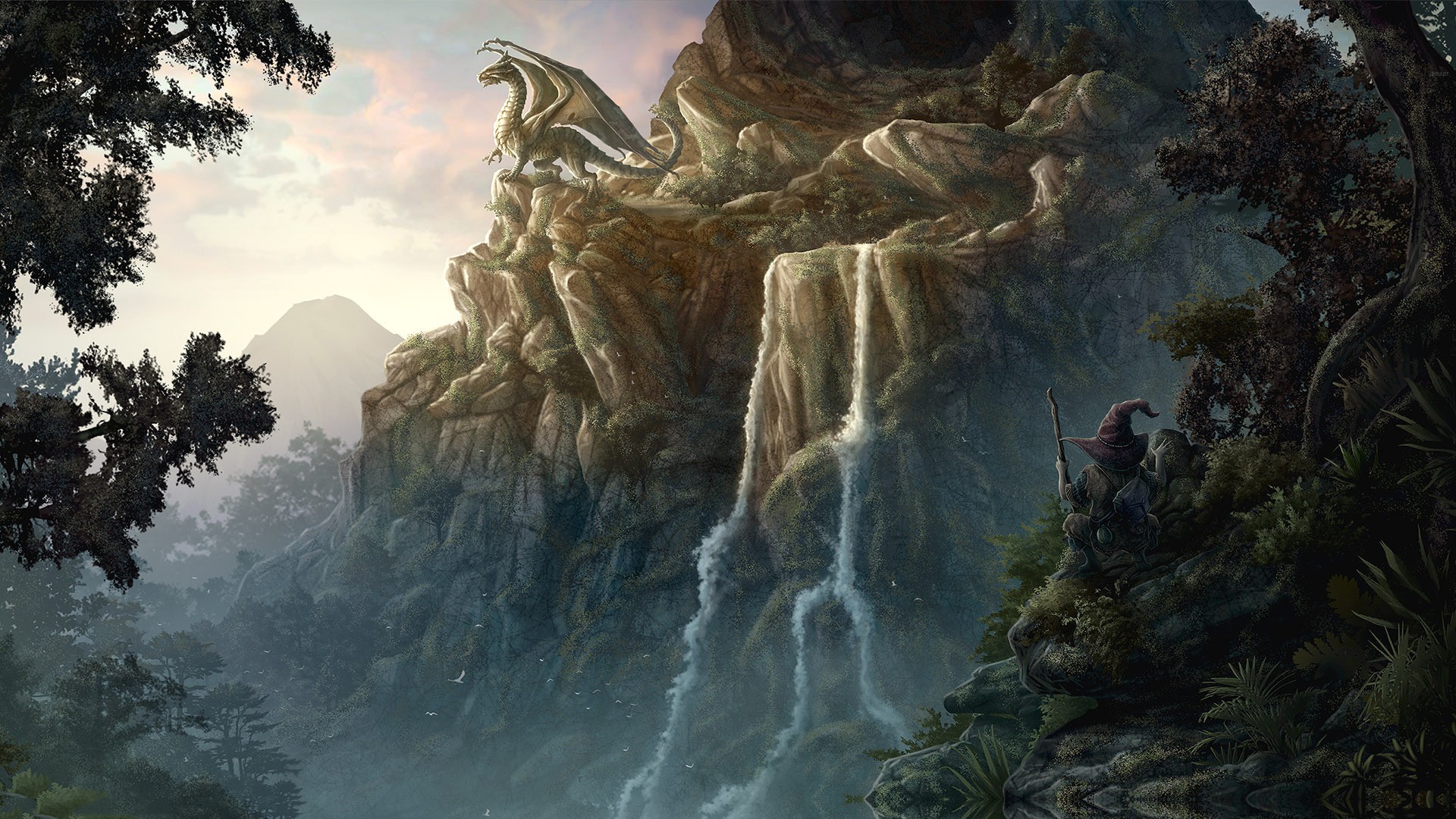 fantasy, dragon, mountain, tree, troll, waterfall