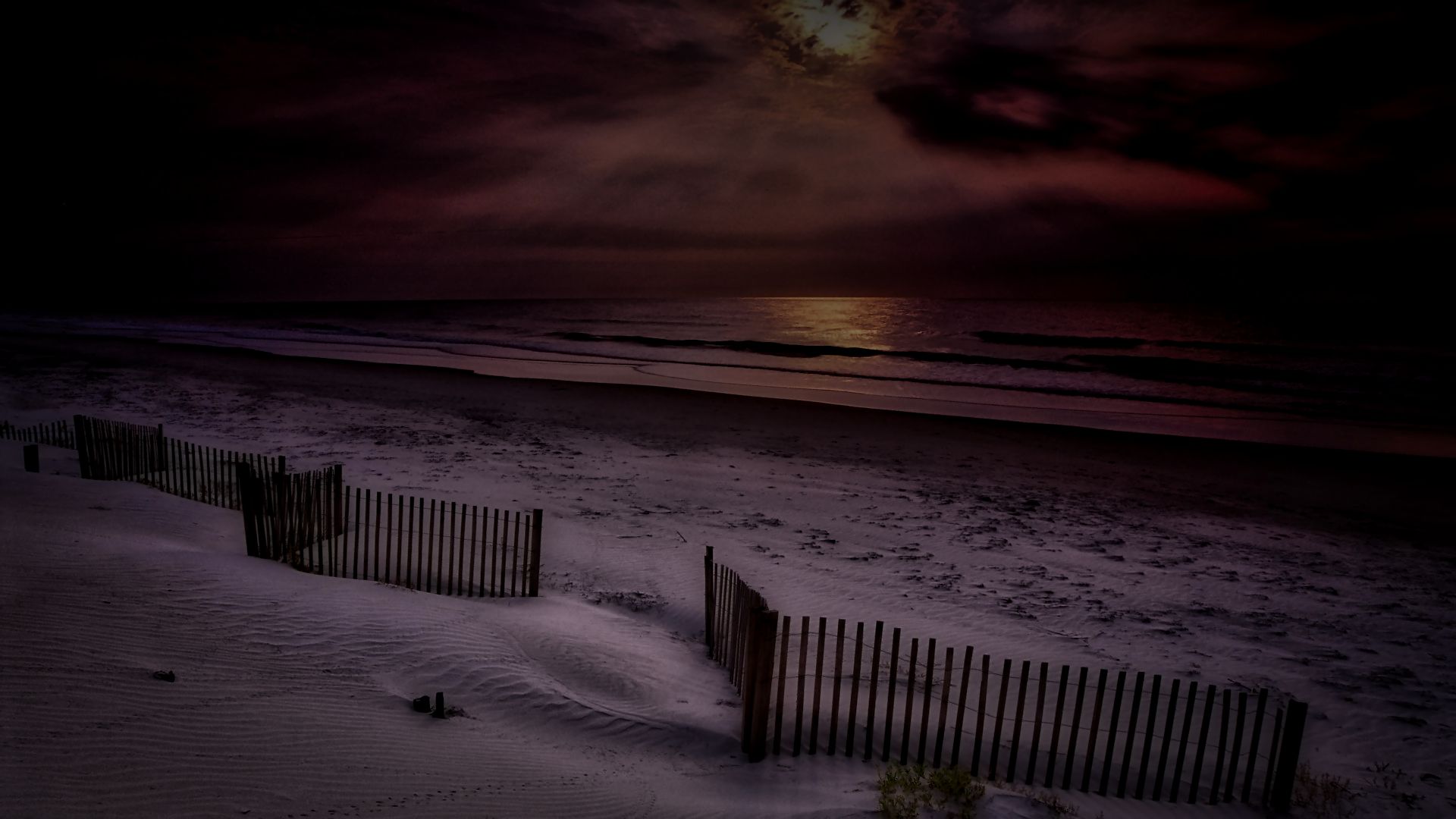 Download mobile wallpaper Night, Beach, Sand, Earth, Fence for free.