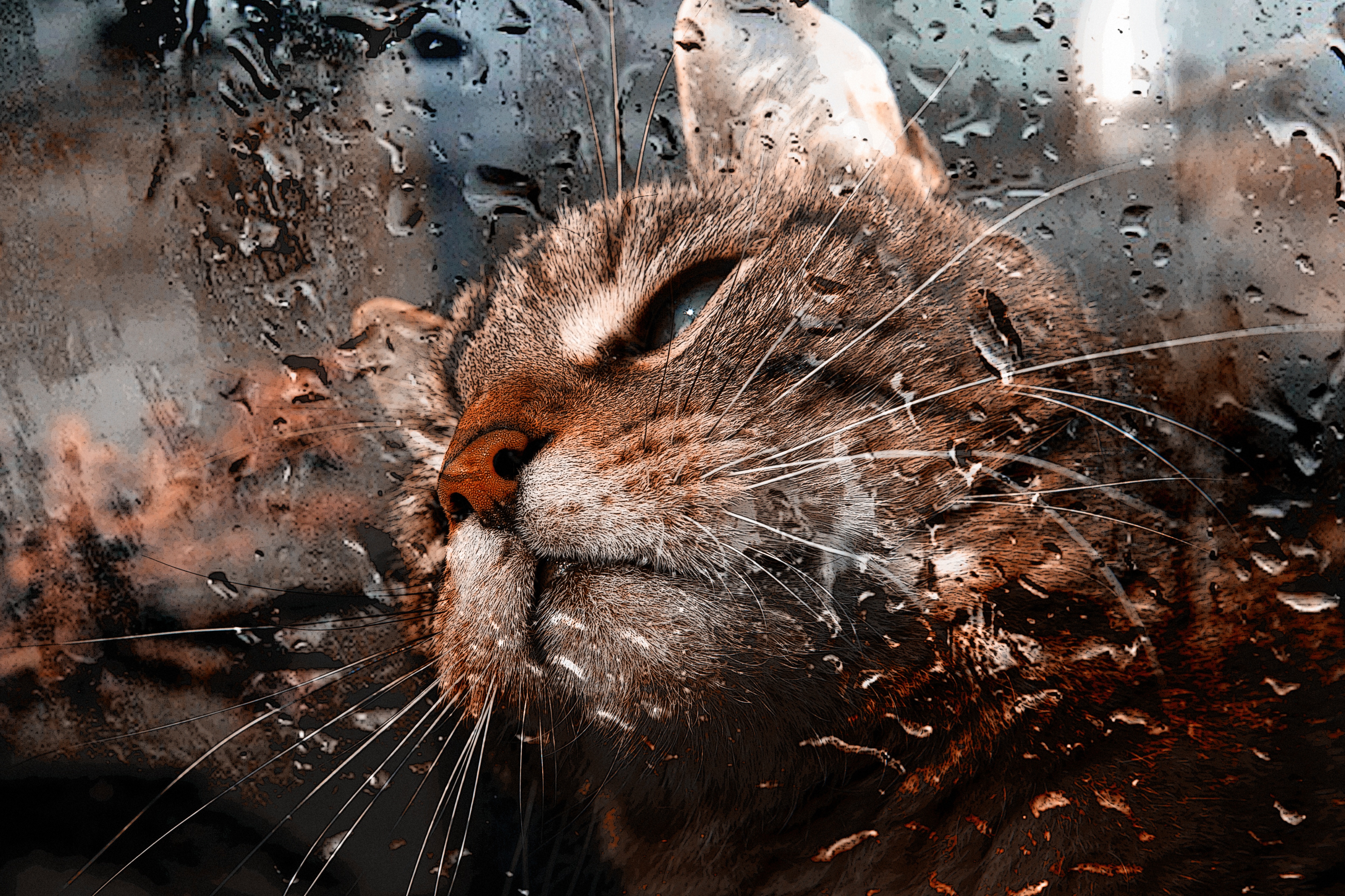 drops, glass, animals, cat, muzzle, moisture Panoramic Wallpaper