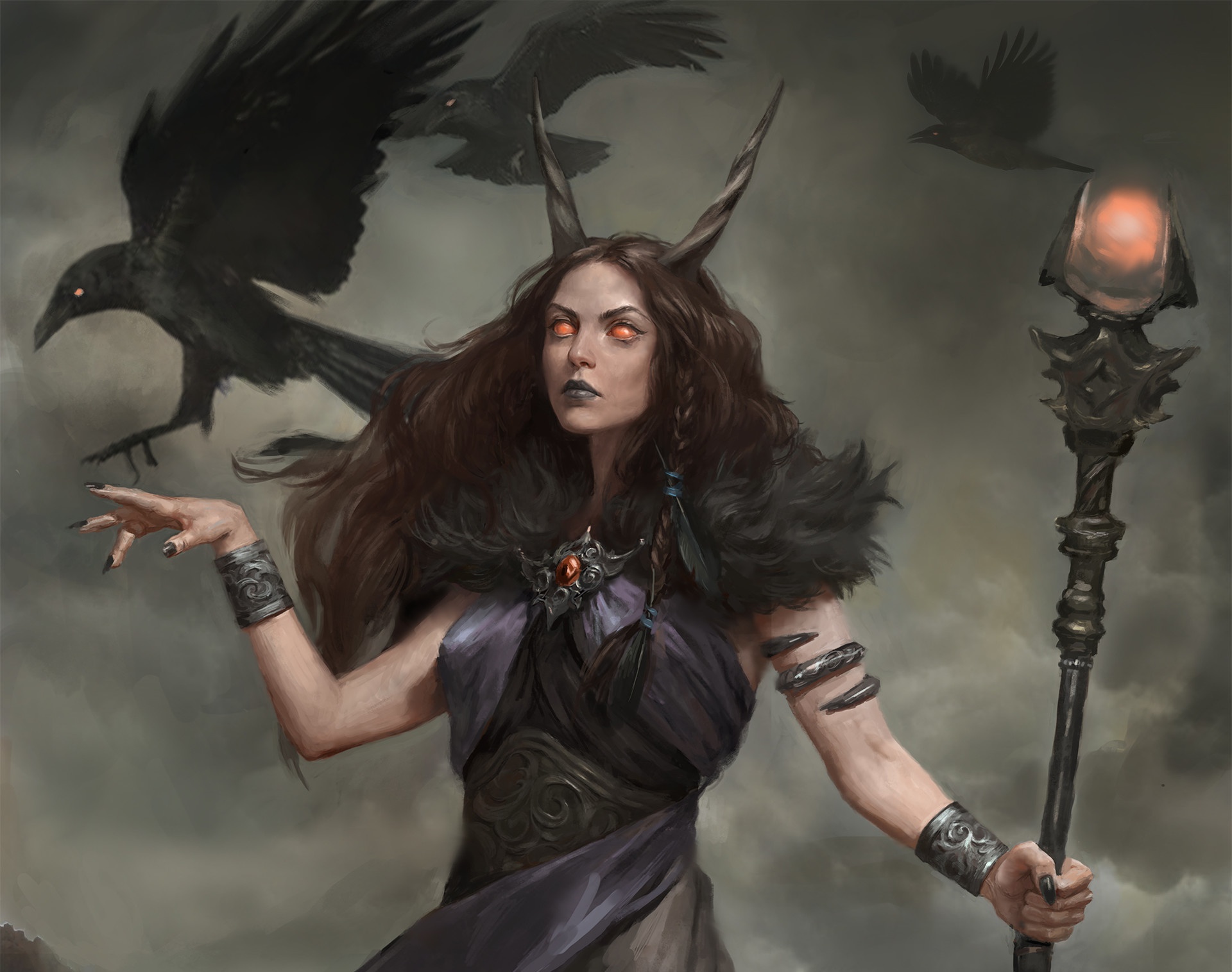 Free download wallpaper Fantasy, Crow, Horns, Staff, Witch, Brown Hair on your PC desktop