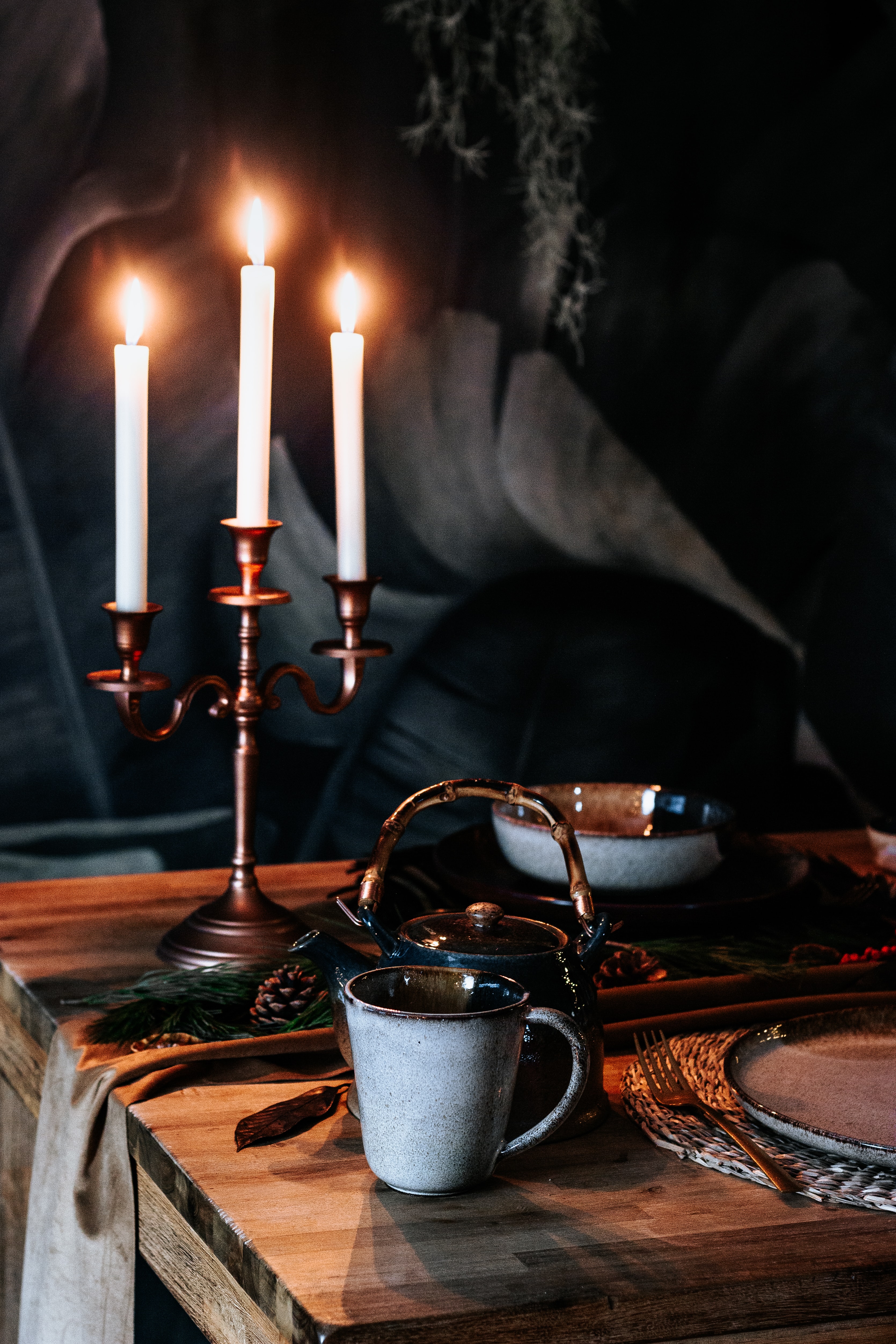 candles, table, cup, miscellanea, miscellaneous, teapot, kettle Full HD