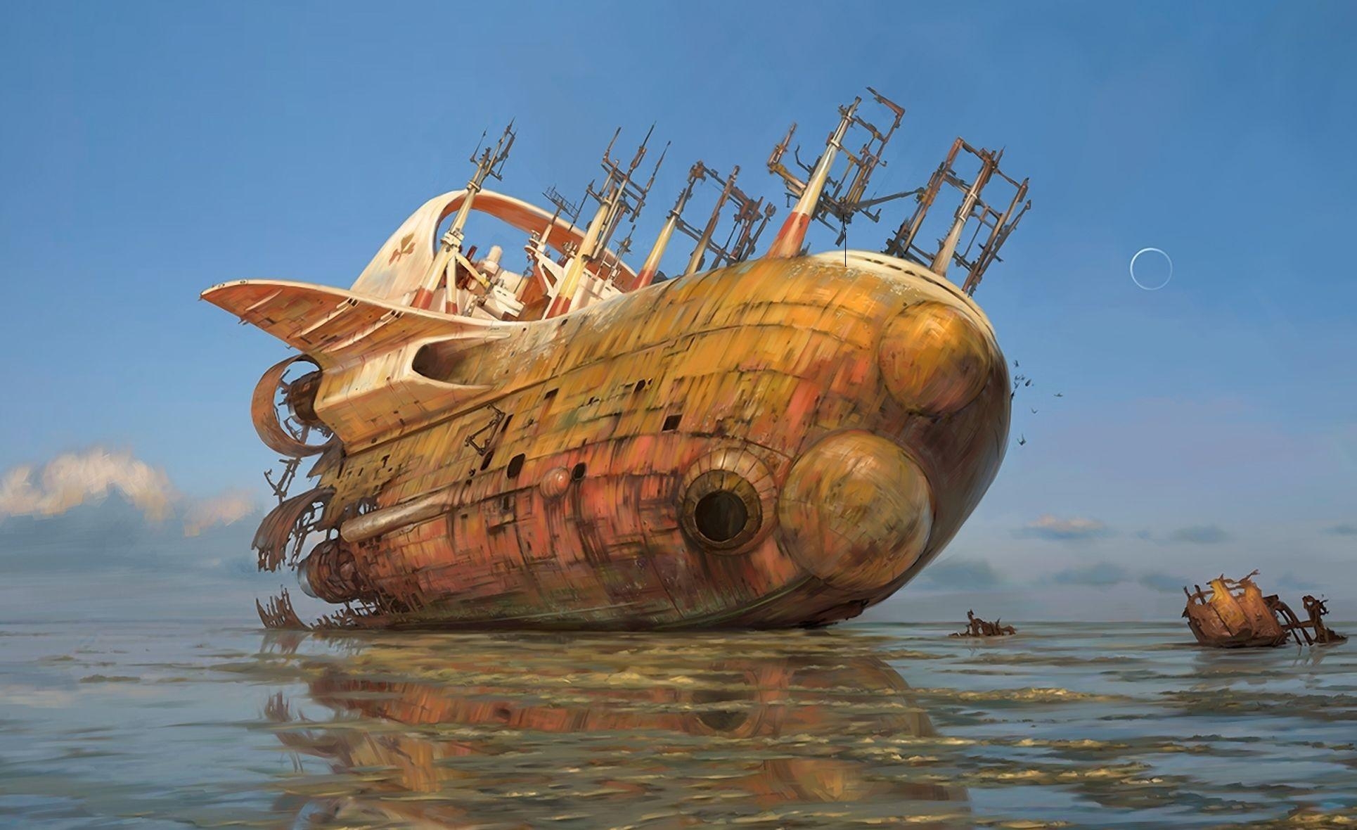 fantasy, sea, reflection, old, stranded, shallow, ship, wreckage, detritus