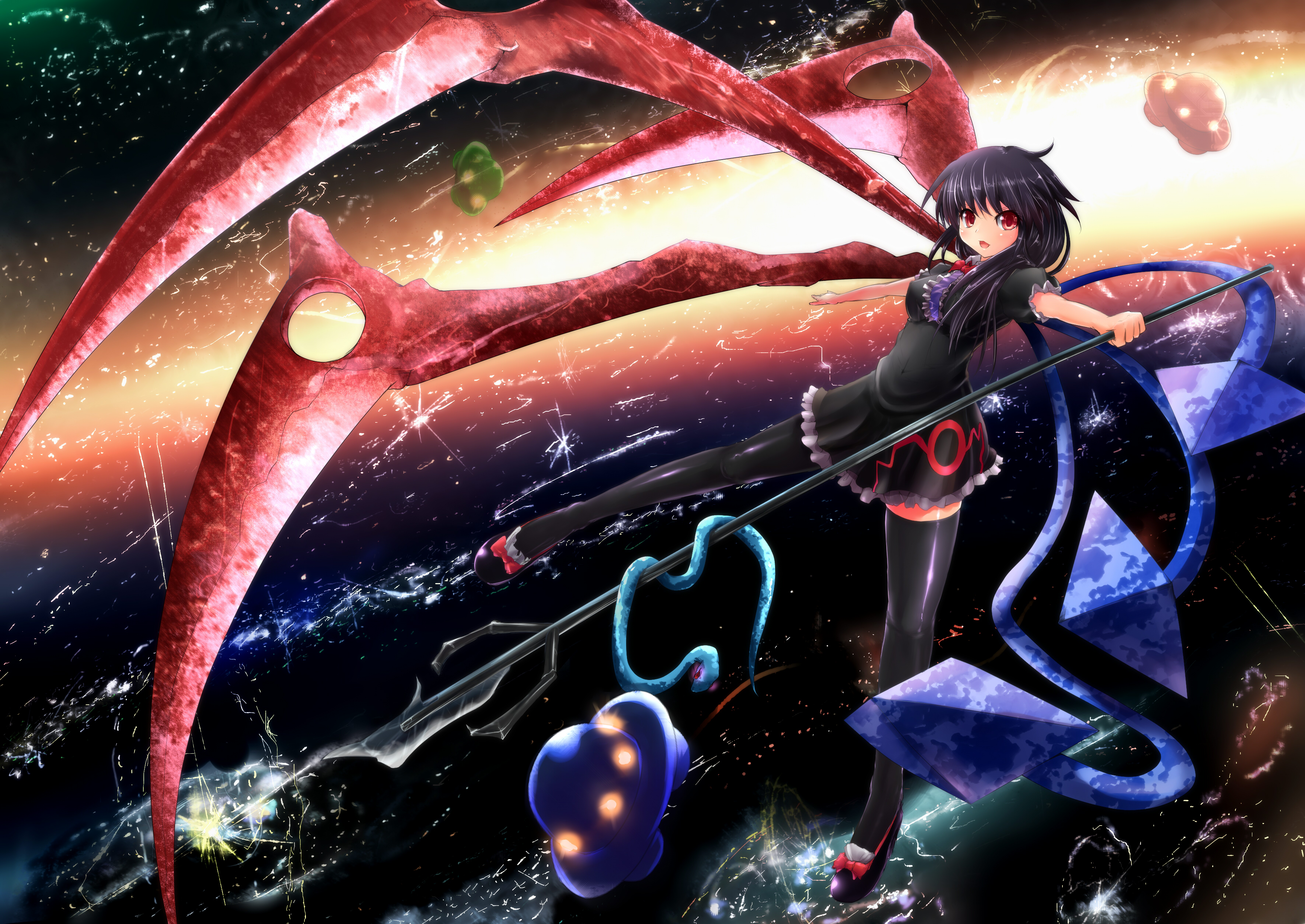 Download mobile wallpaper Anime, Space, Snake, Ufo, Flying, Touhou, Black Hair, Nue Houjuu for free.