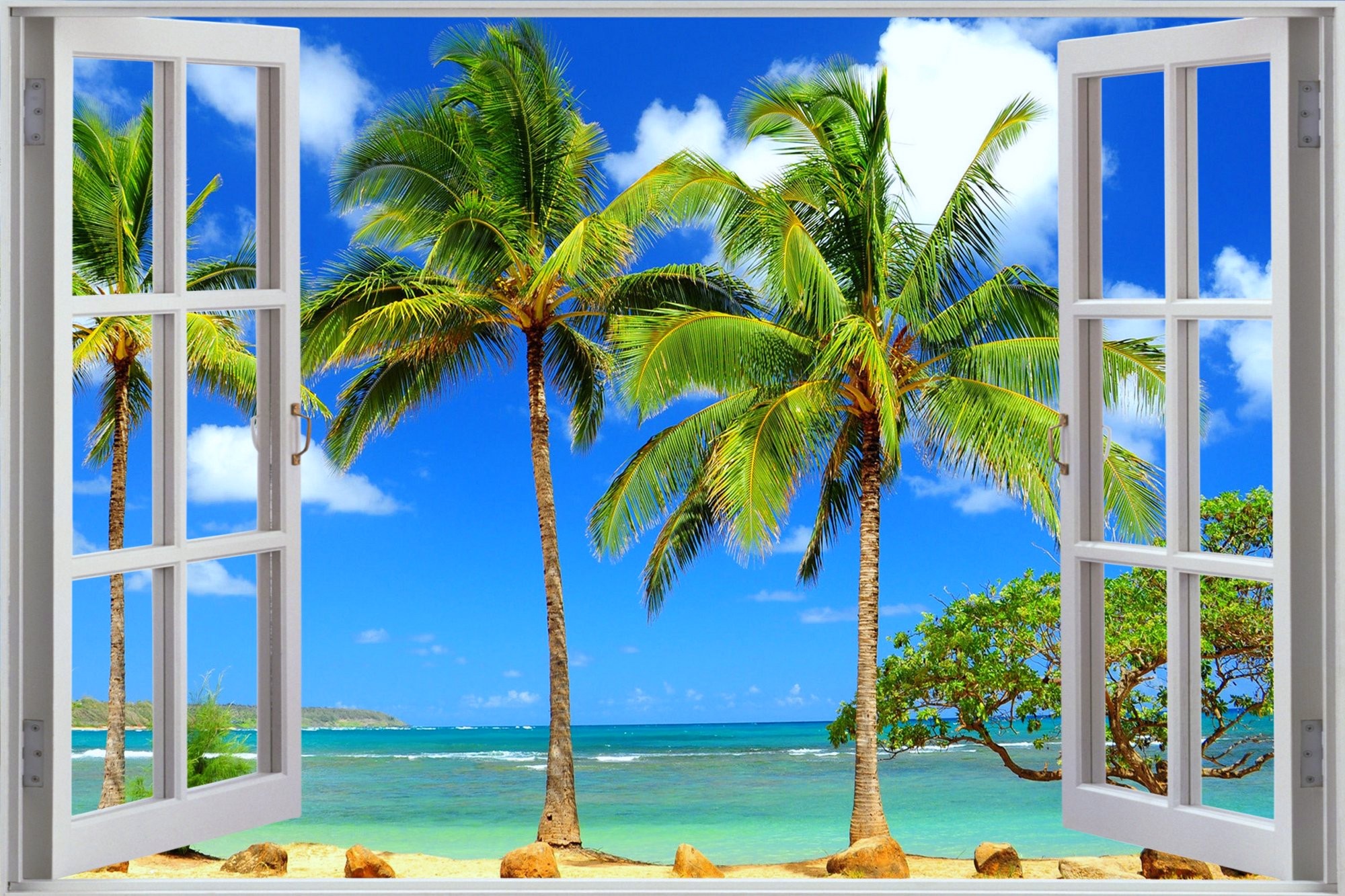 Download mobile wallpaper Beach, Ocean, Window, Tropical, Man Made, Palm Tree for free.