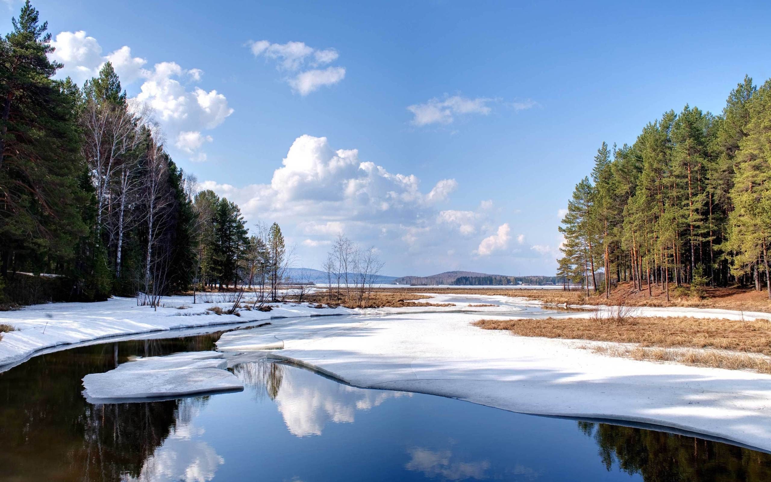 ice, landscape, rivers, trees, sky, clouds, blue Full HD