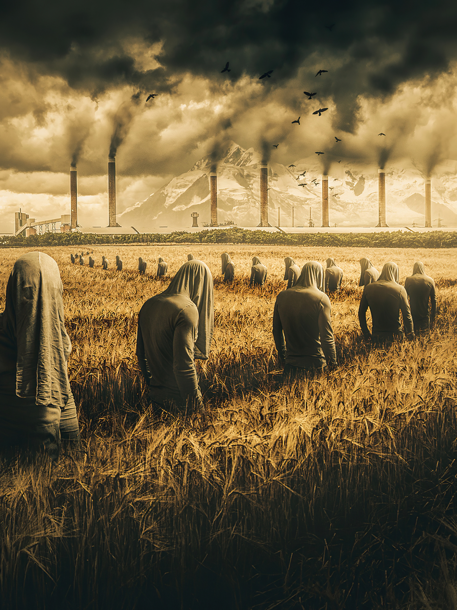 Download mobile wallpaper People, Dark, Field, Artistic, Chimney for free.