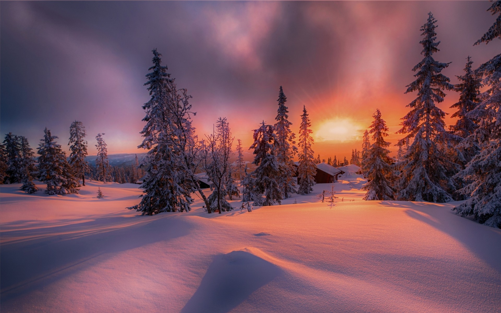 Free download wallpaper Landscape, Winter, Sunset, Snow, Tree, Cloud, Photography, Cabin, Sunbeam on your PC desktop