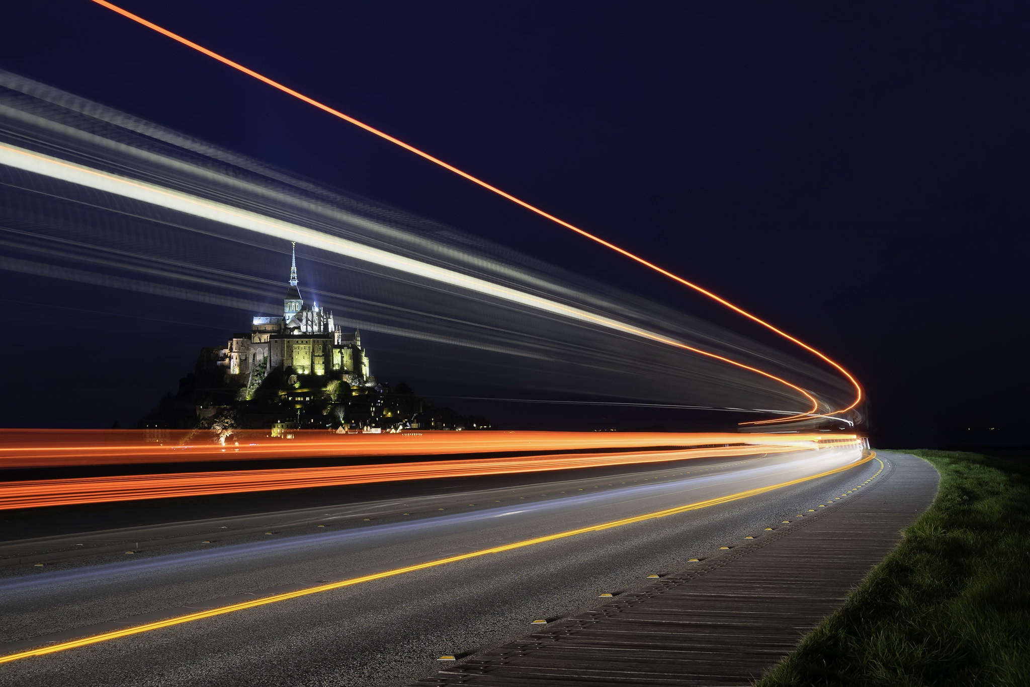 Download mobile wallpaper Night, Light, Road, France, Mont Saint Michel, Monastery, Religious, Time Lapse for free.