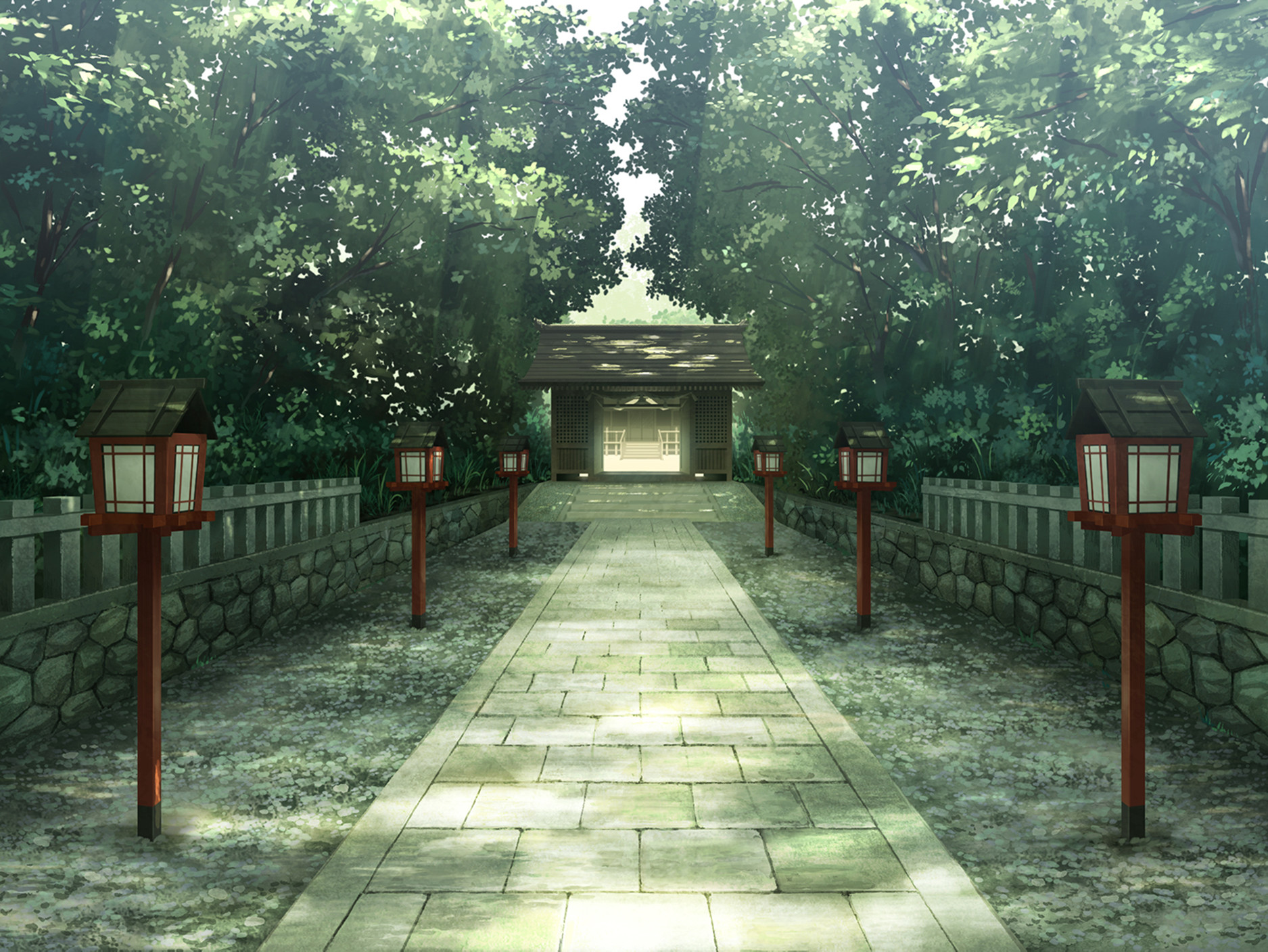 shadow, lantern, anime, original, path, shrine, sunlight, tree