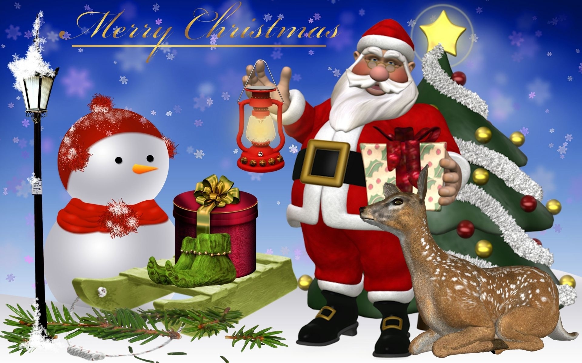 Скачать обои бесплатно Дерево, Рождество, Снеговик, Санта Клаус, Подарки, Праздничные, С Рождеством картинка на рабочий стол ПК