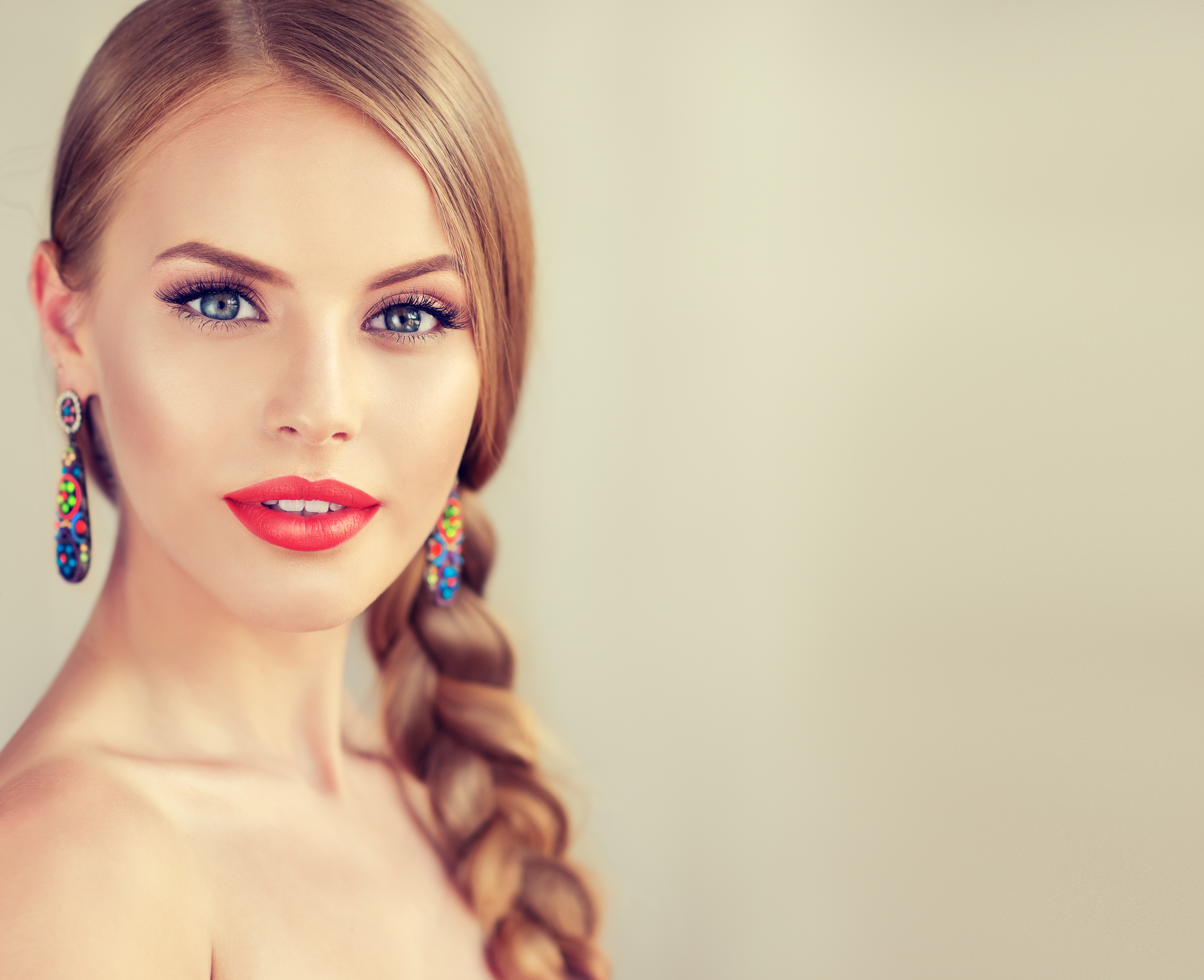 Download mobile wallpaper Blonde, Face, Model, Women, Earrings, Blue Eyes, Braid, Lipstick for free.