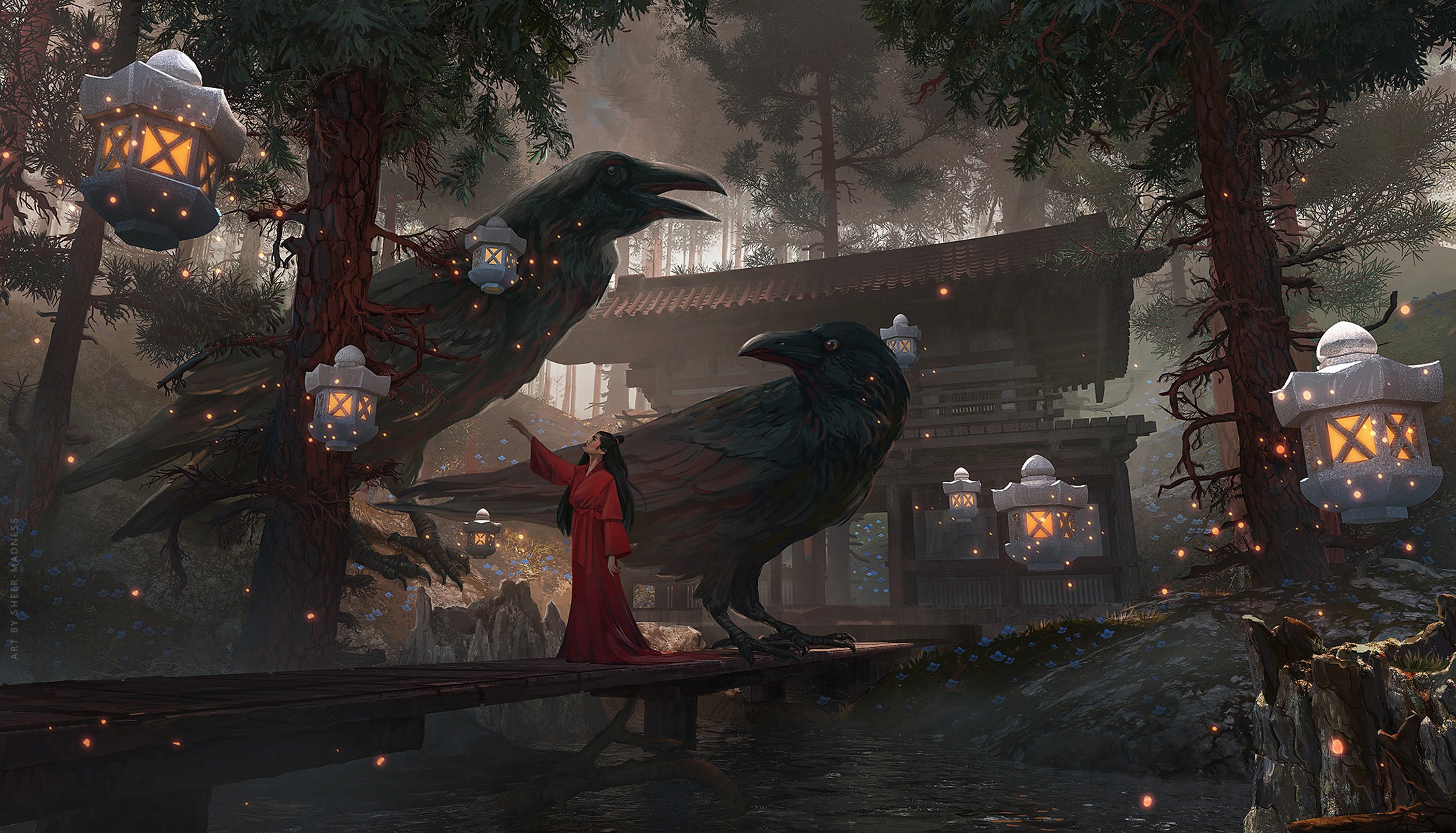 Free download wallpaper Fantasy, Bird, Temple, Crow, Oriental on your PC desktop