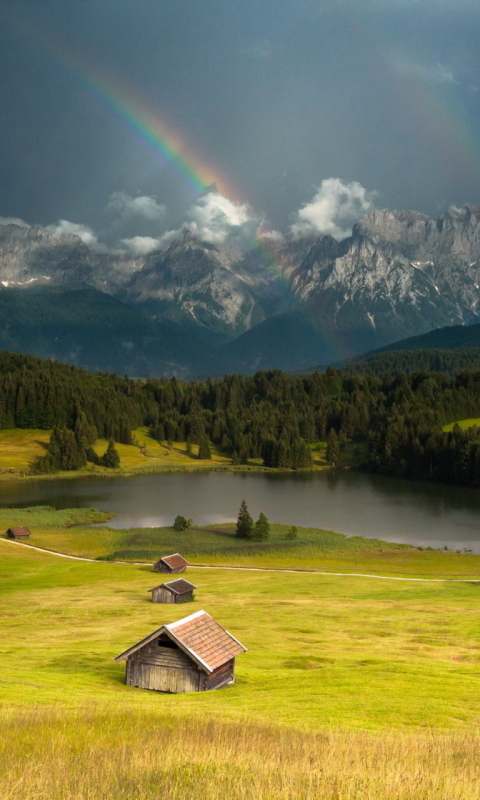 Download mobile wallpaper Landscape, Rainbow, Mountain, Forest, House, Earth, Photography for free.
