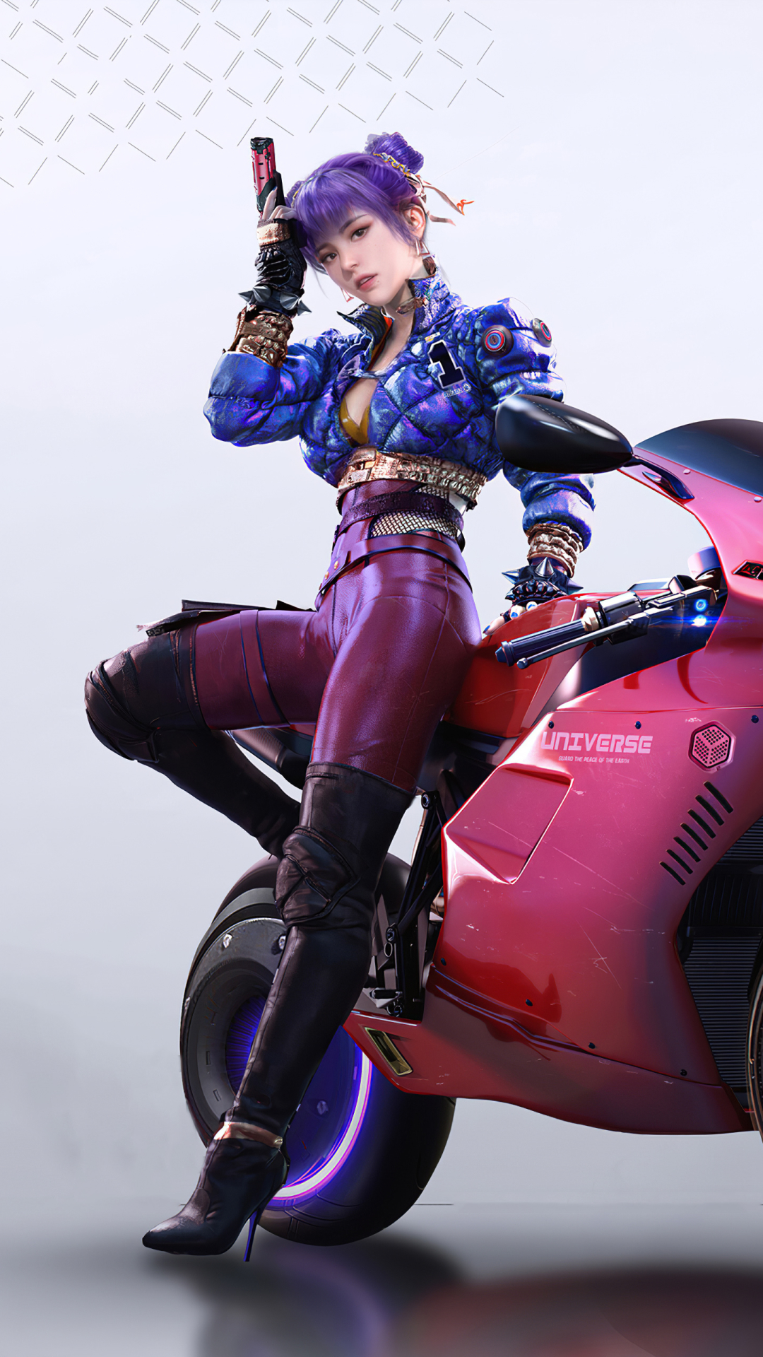 Download mobile wallpaper Cyberpunk, Motorcycle, Sci Fi, Vehicle, Purple Hair for free.