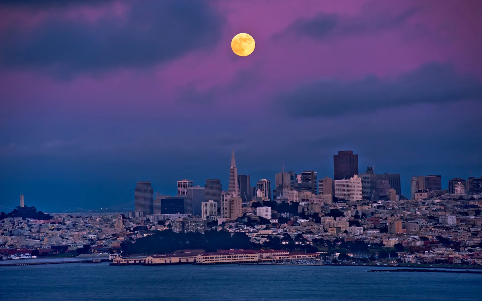 Free download wallpaper Sky, Building, Bay, Cities, Night, San Francisco, Houses, Moon on your PC desktop