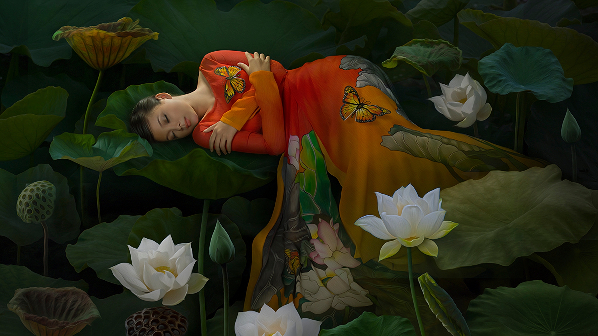 Download mobile wallpaper Fantasy, Lotus, Flower, Leaf, Butterfly, Sleeping, Women for free.
