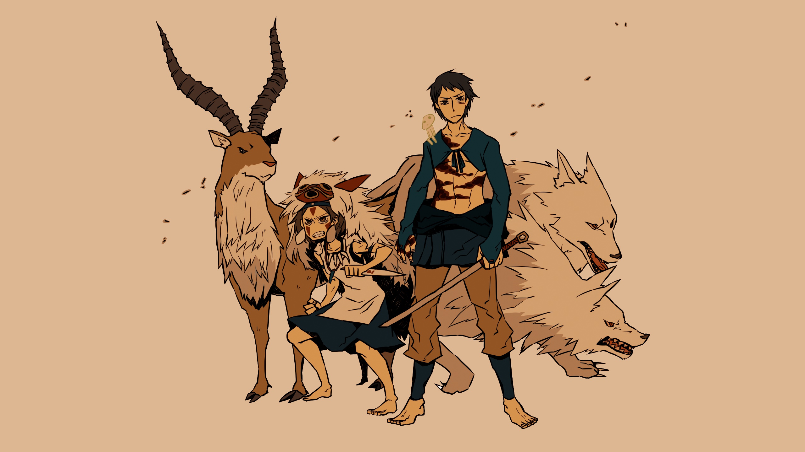 anime, princess mononoke, ashitaka (princess mononoke), deer, wolf