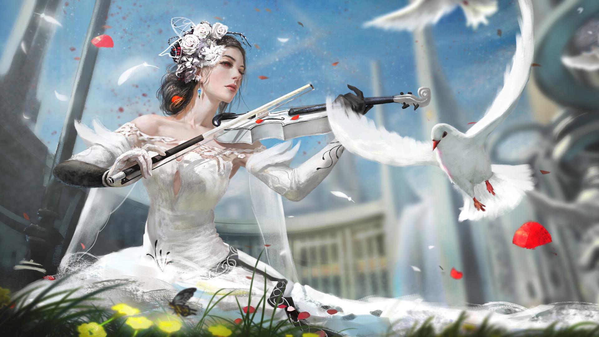 Download mobile wallpaper Fantasy, Bird, Dove, Dress, Women, Violin, Red Eyes, White Dress for free.