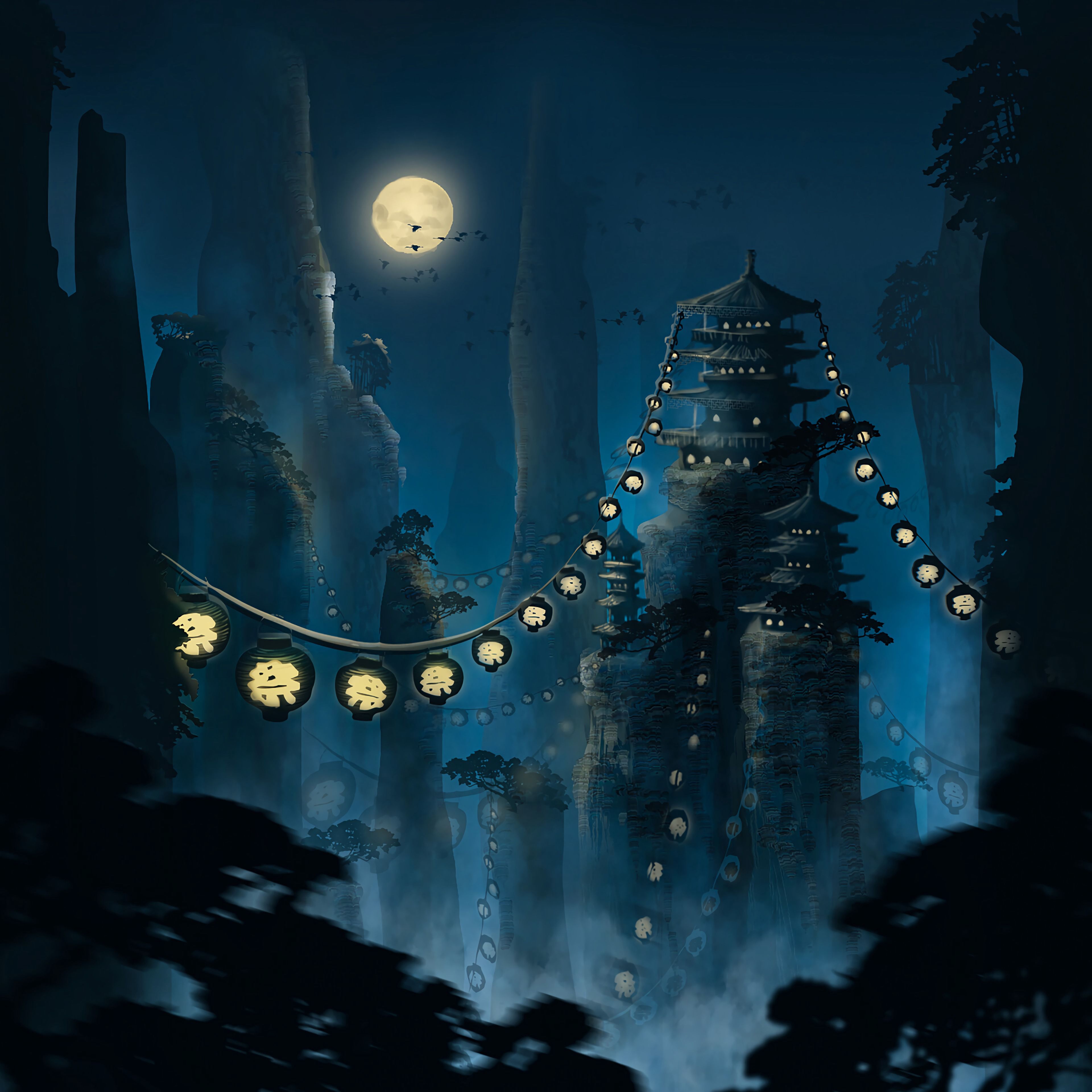 art, night, moon, rocks, pagoda, flashlights