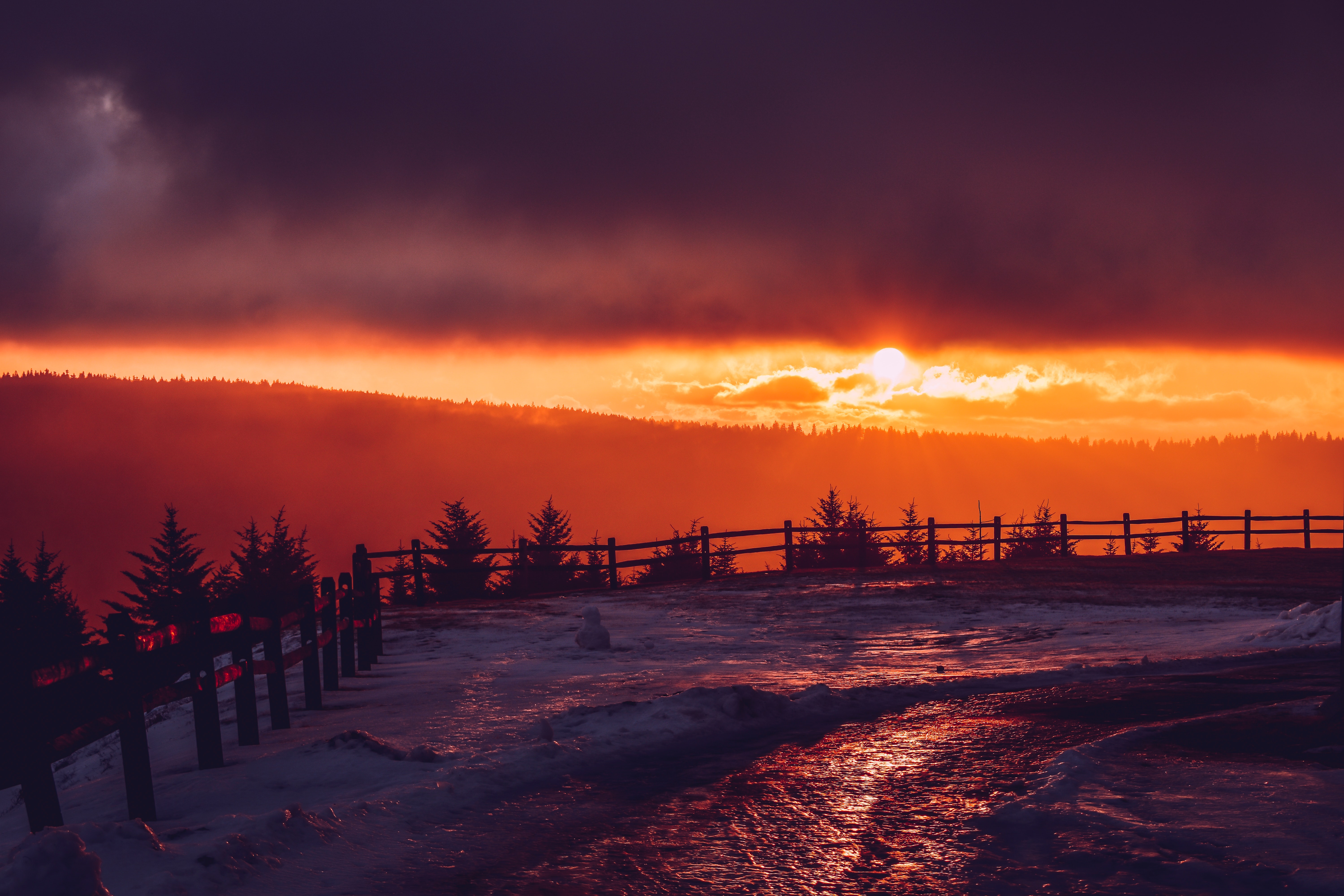 Free download wallpaper Fence, Nature, Sunset, Mountains, Winter, Snow on your PC desktop