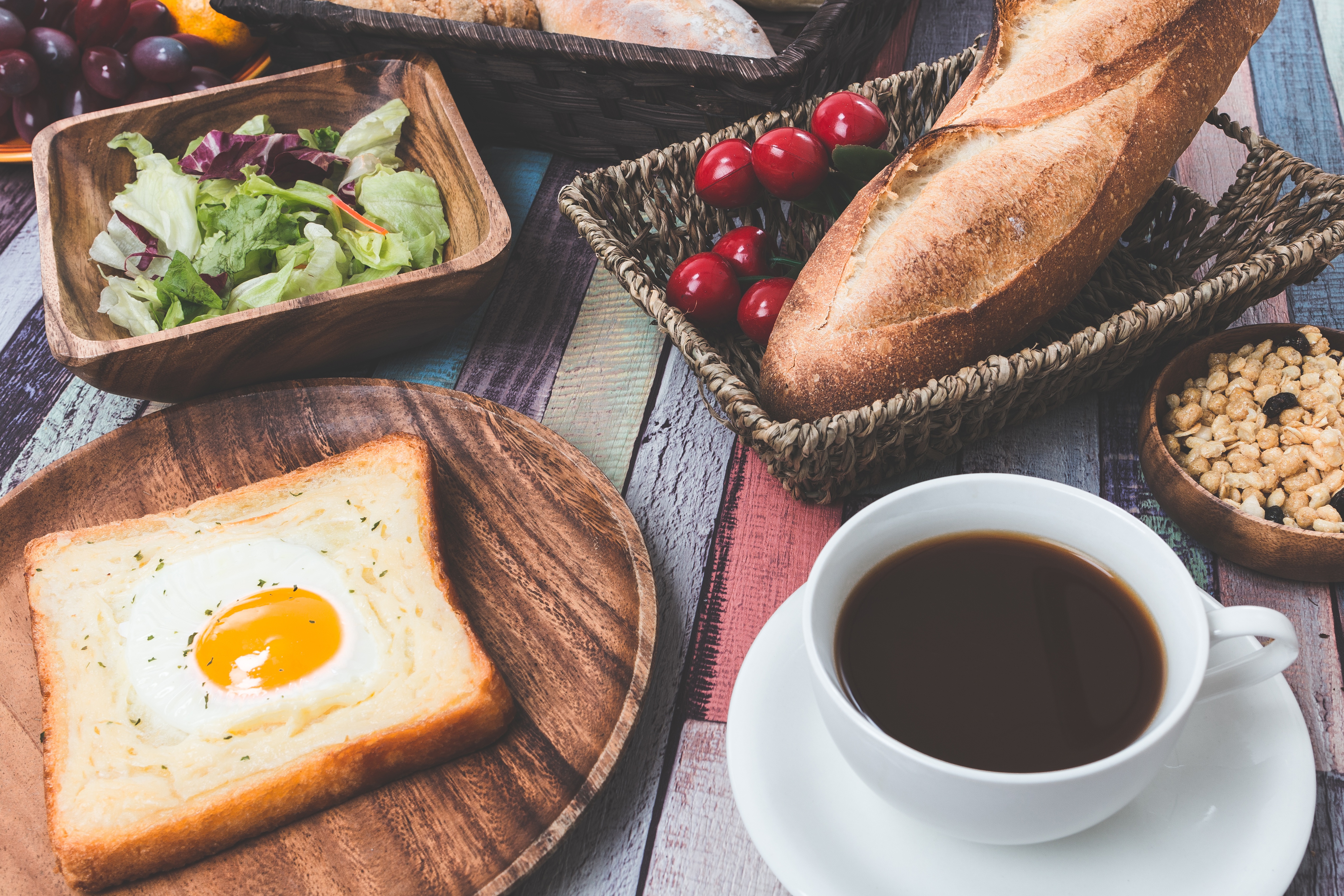 Download mobile wallpaper Food, Coffee, Still Life, Cup, Fruit, Basket, Egg, Toast, Bread, Breakfast for free.