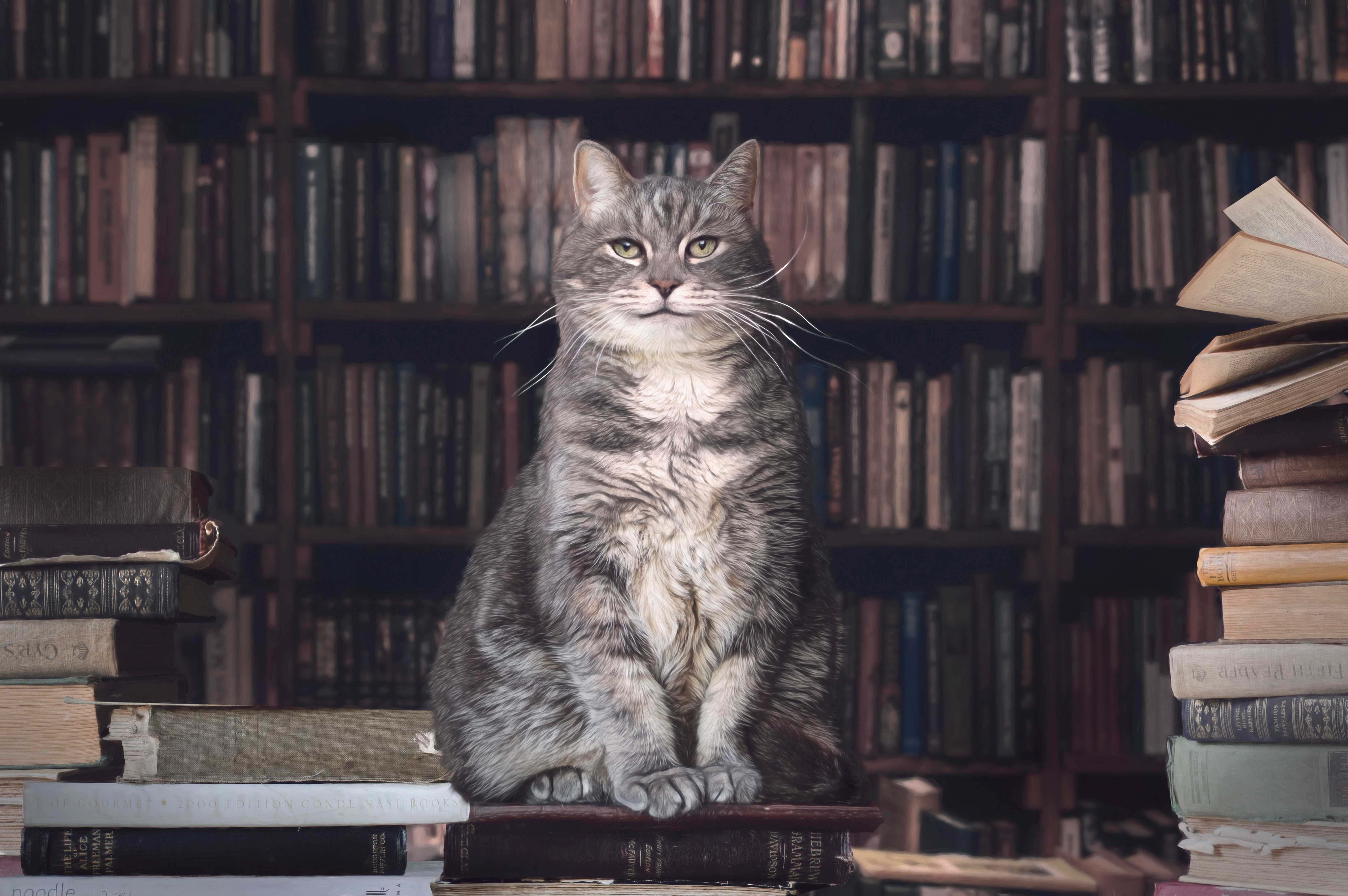 Скачать обои бесплатно Животные, Книга, Кошка, Библиотека, Кошки картинка на рабочий стол ПК