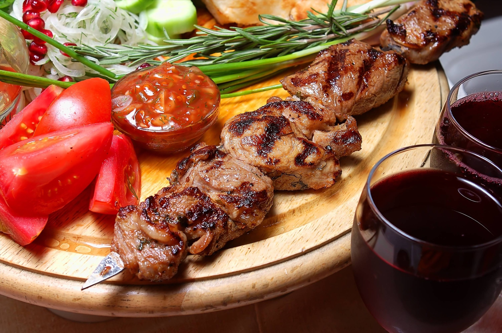 Download mobile wallpaper Food, Meat, Tomato, Barbecue, Wine for free.