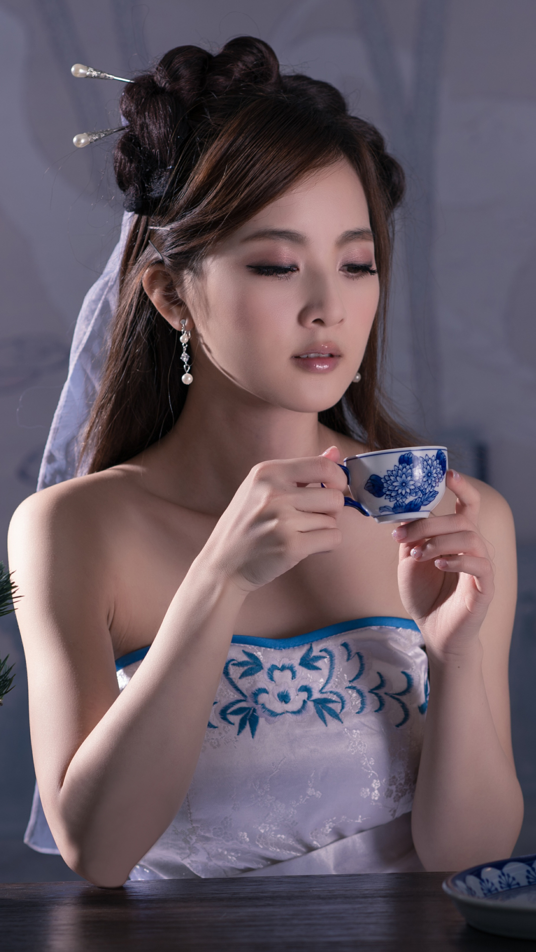 women, mikako zhang kaijie, asian, dress, cup, hair dress, tea set, hairpin, bonsai HD wallpaper