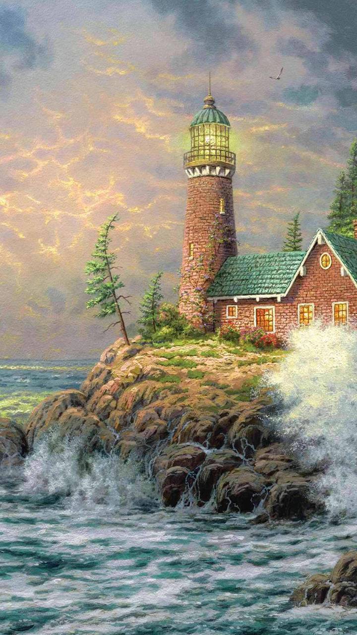 Download mobile wallpaper Ocean, Lighthouse, Painting, Artistic, Cottage for free.
