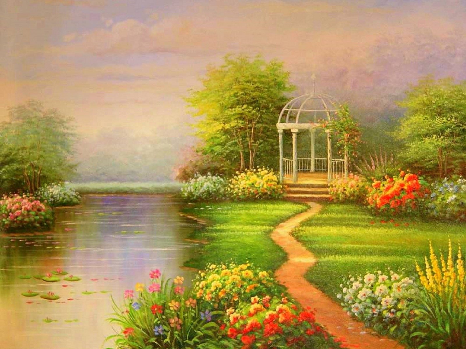 Download mobile wallpaper Flower, Park, Tree, Colorful, Painting, Pond, Spring, Artistic, Gazebo for free.