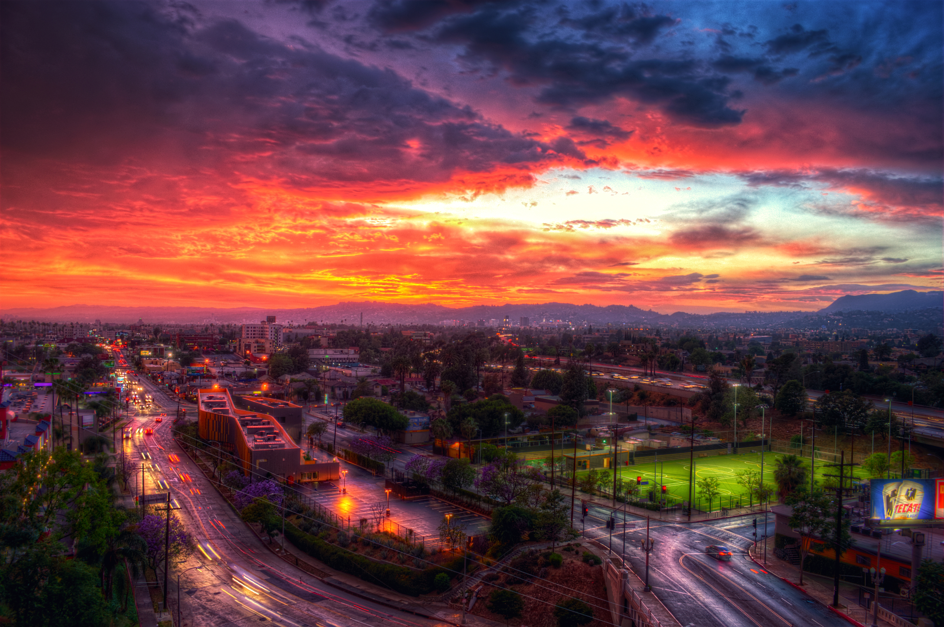 Free download wallpaper Cities, Sunset, Sky, City, Building, Road, Cityscape, Hdr, Los Angeles, Man Made on your PC desktop