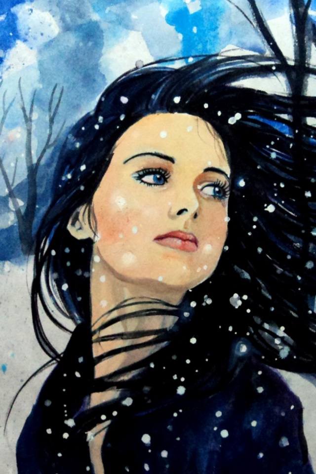 Download mobile wallpaper Winter, Snow, Artistic, Women, Blue Eyes, Black Hair, Long Hair for free.