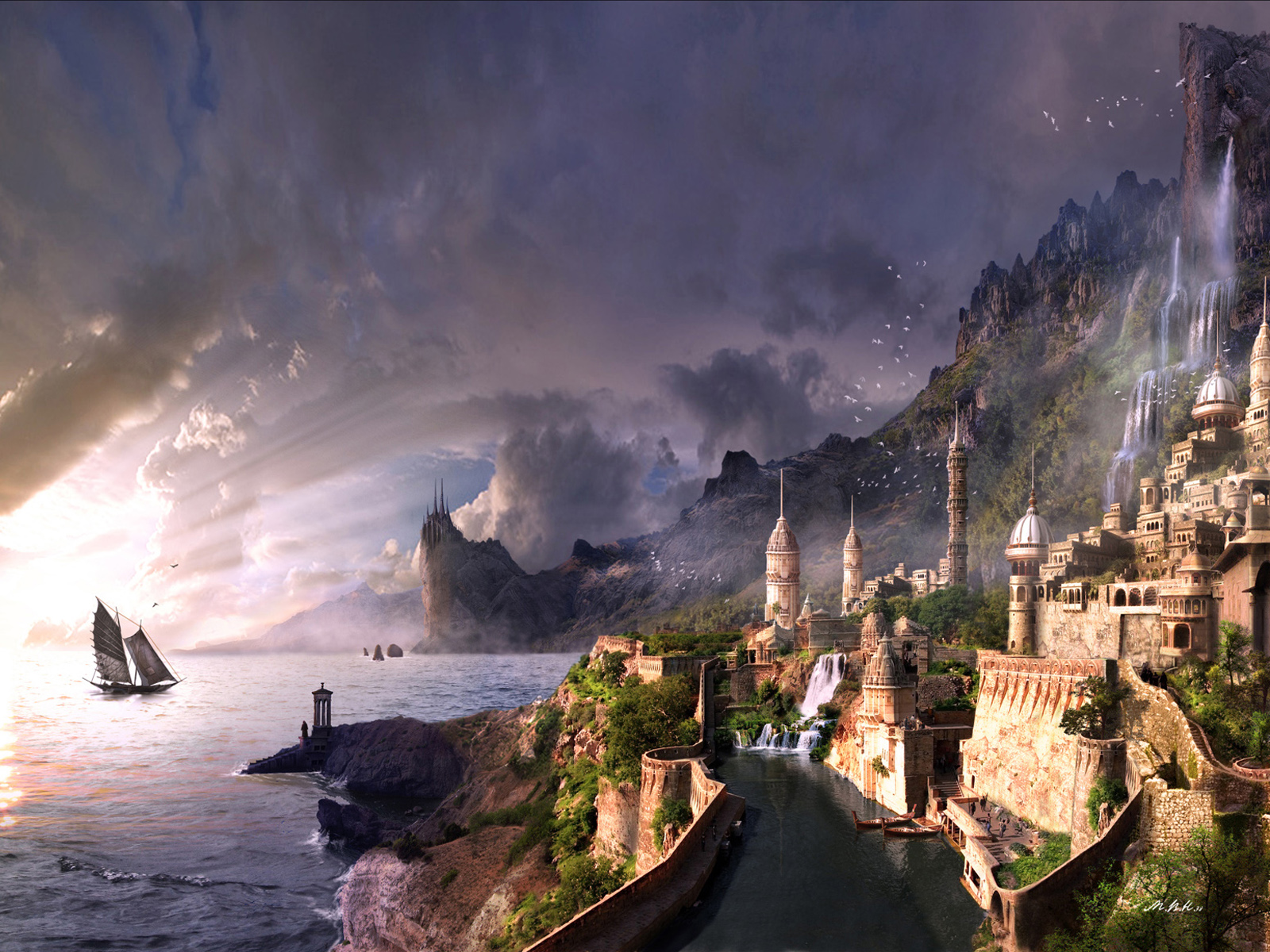 Free download wallpaper Landscape, Fantasy, Building, Ocean, Boat, Artistic on your PC desktop
