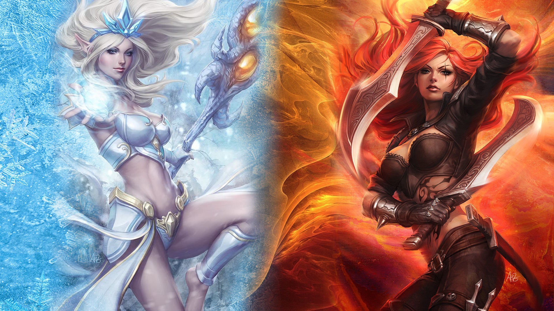 Free download wallpaper Weapon, League Of Legends, Sword, Video Game, Long Hair, Pointed Ears, Red Hair, White Hair, Janna (League Of Legends), Katarina (League Of Legends) on your PC desktop