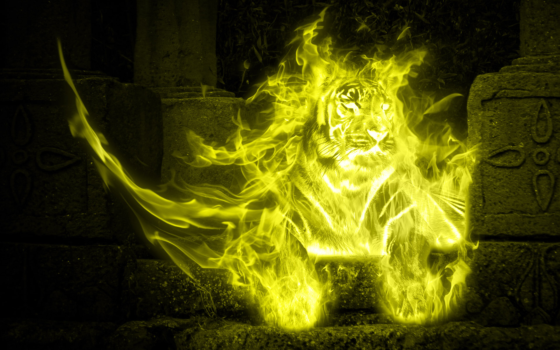 Download mobile wallpaper Fire, Colors, Tiger, Animal, Artistic for free.