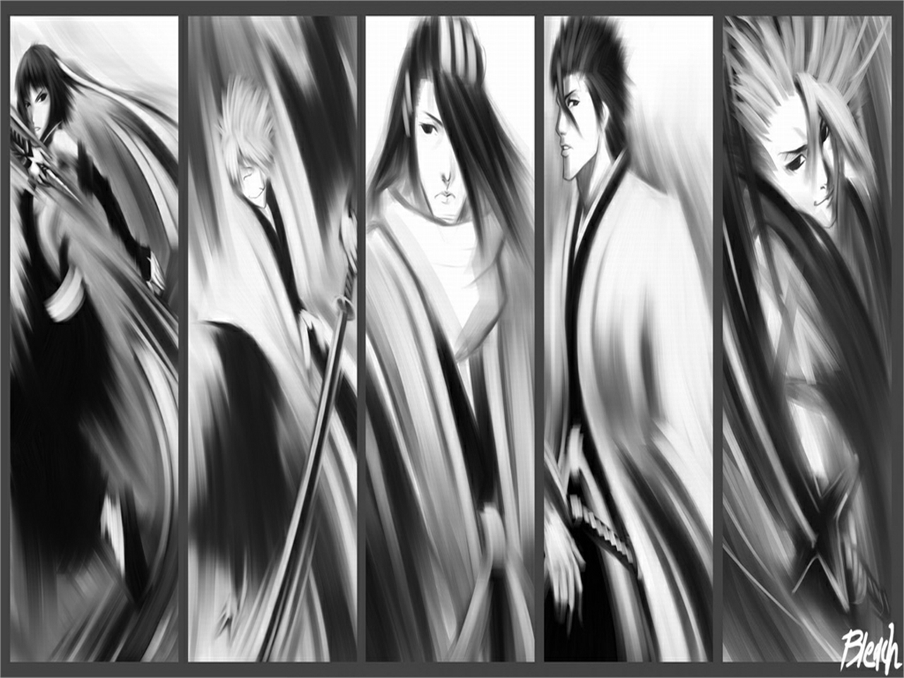 Laden Sie das Bleach, Animes, Byakuya Kuchiki, Tōshirō Hitsugaya, Soifon (Bleichmittel), Sōsuke Aizen, Gin Ichimaru-Bild kostenlos auf Ihren PC-Desktop herunter
