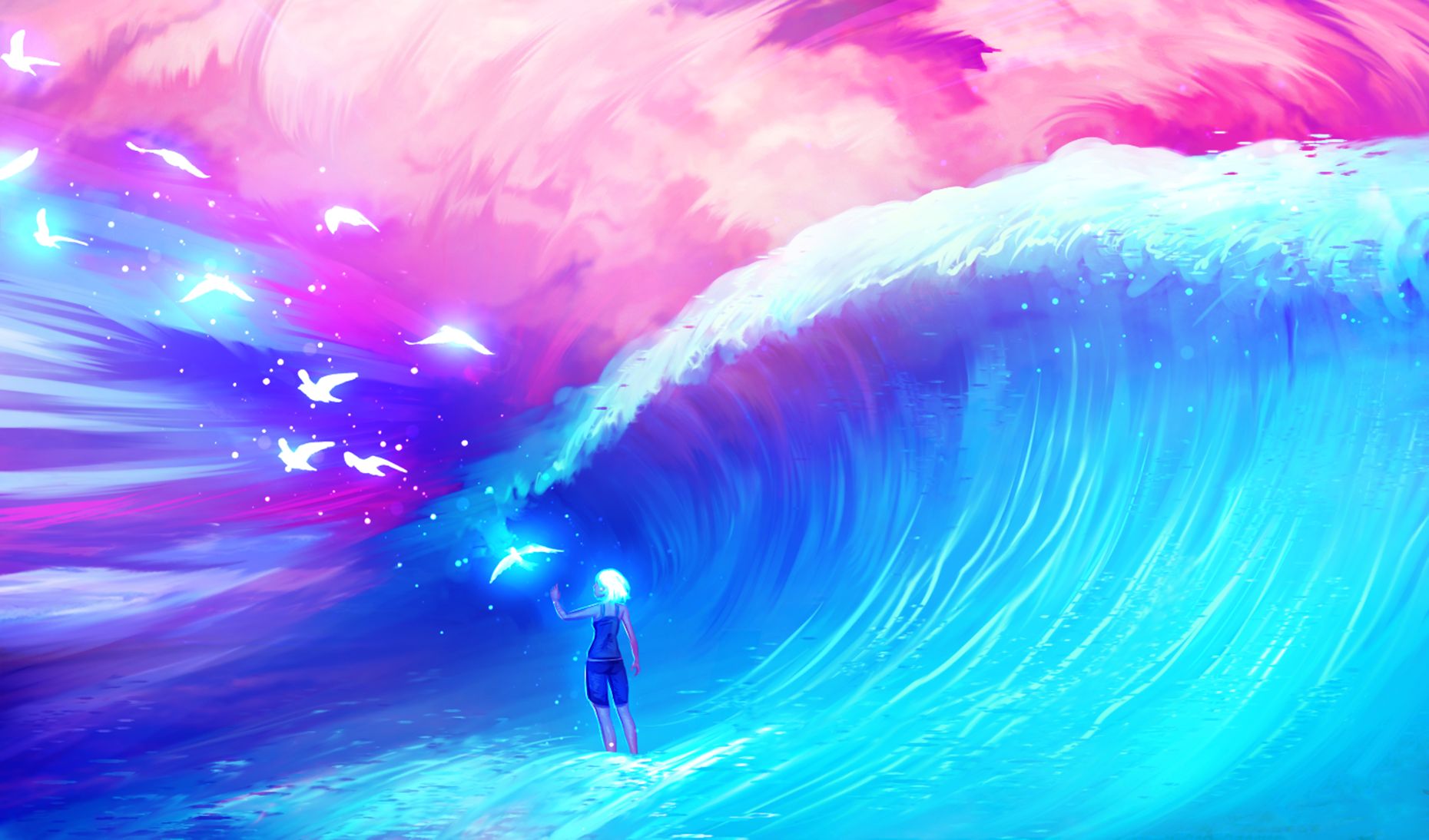 Laden Sie das Wasser, Vogel, Wolke, Welle, Original, Animes-Bild kostenlos auf Ihren PC-Desktop herunter