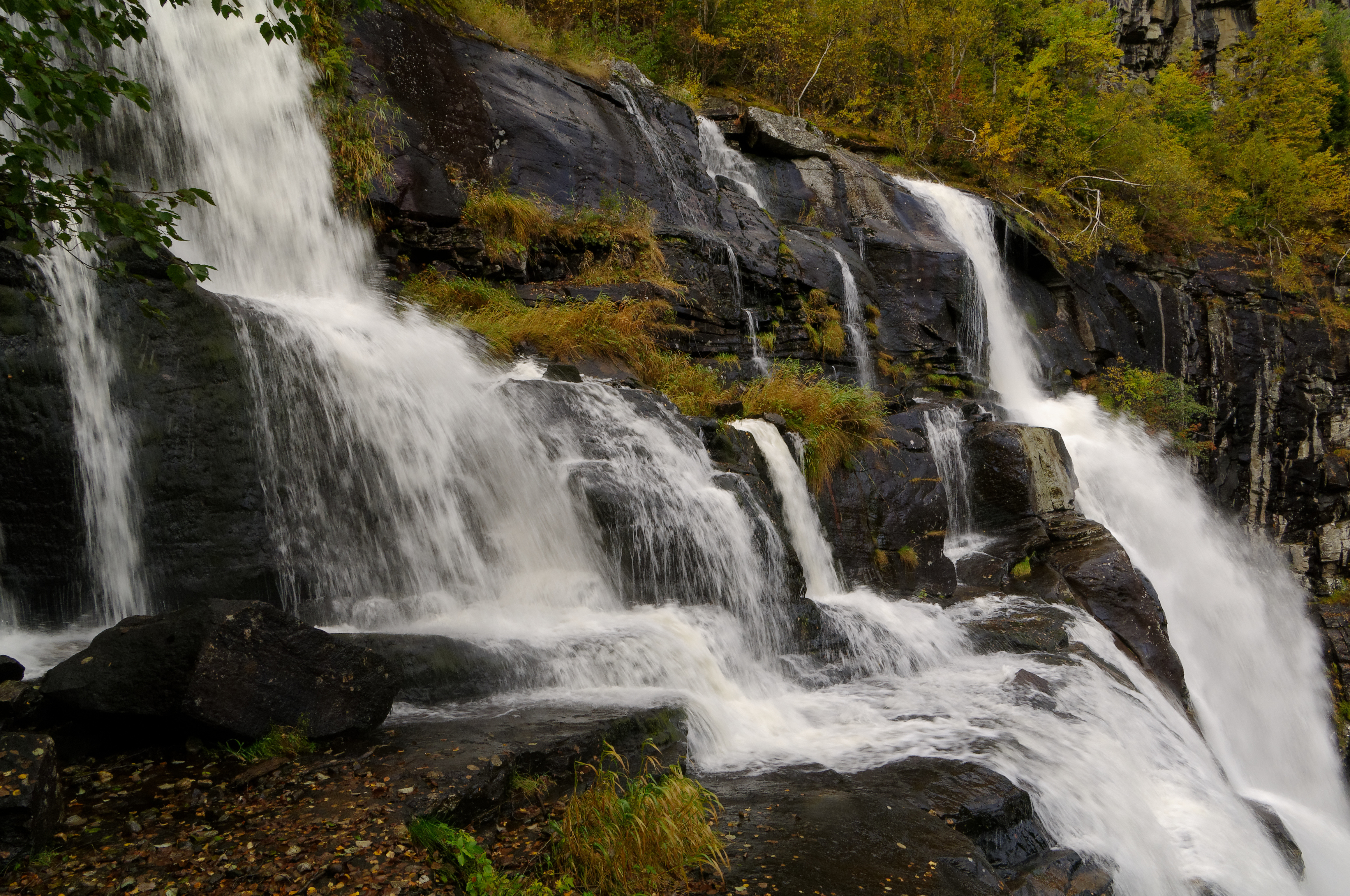 nature, grass, stones, rocks, waterfall, flow, stream