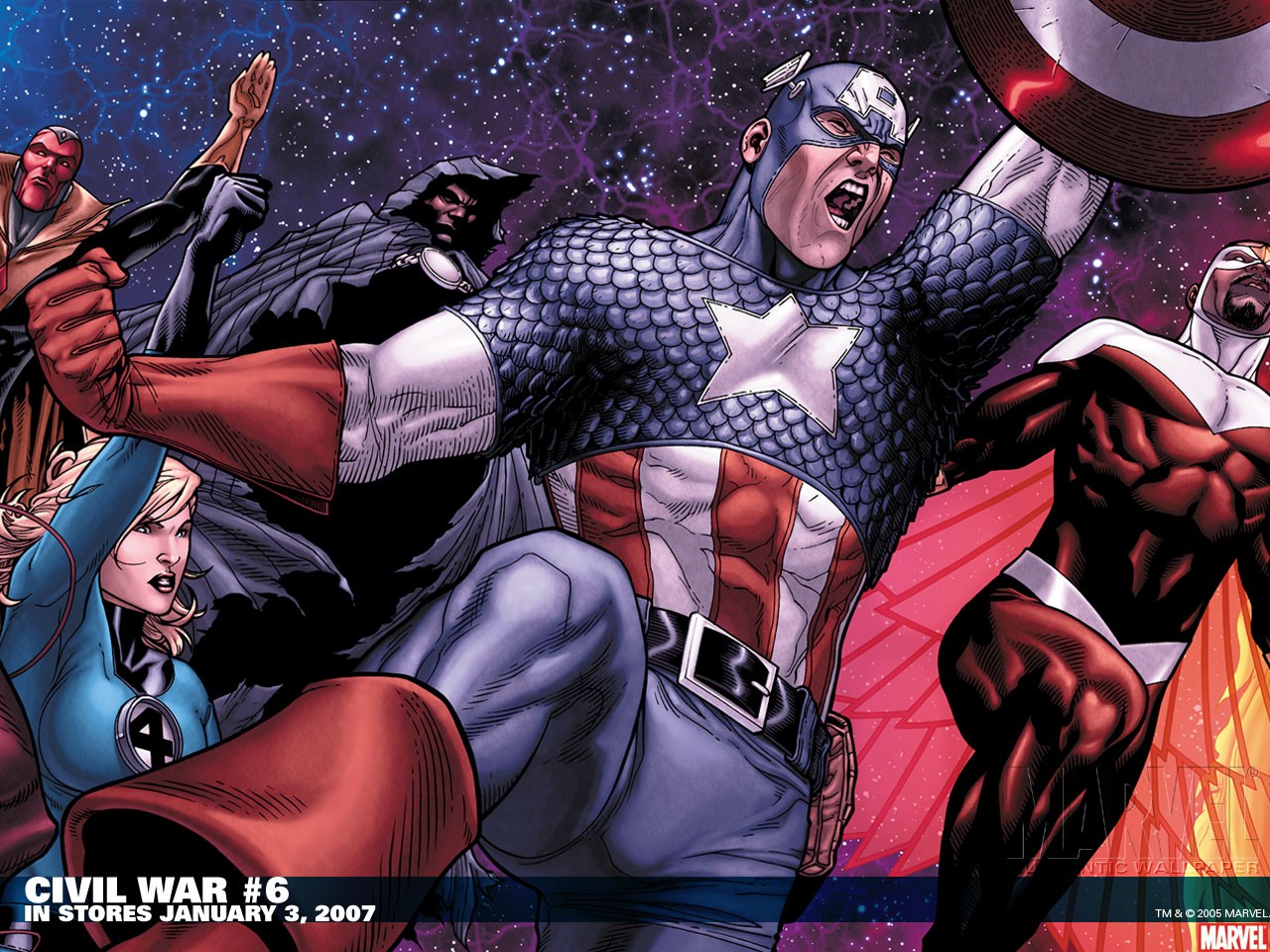 comics, civil war, captain america, cloak (marvel comics), falcon (marvel comics), invisible woman, susan storm, vision (marvel comics)