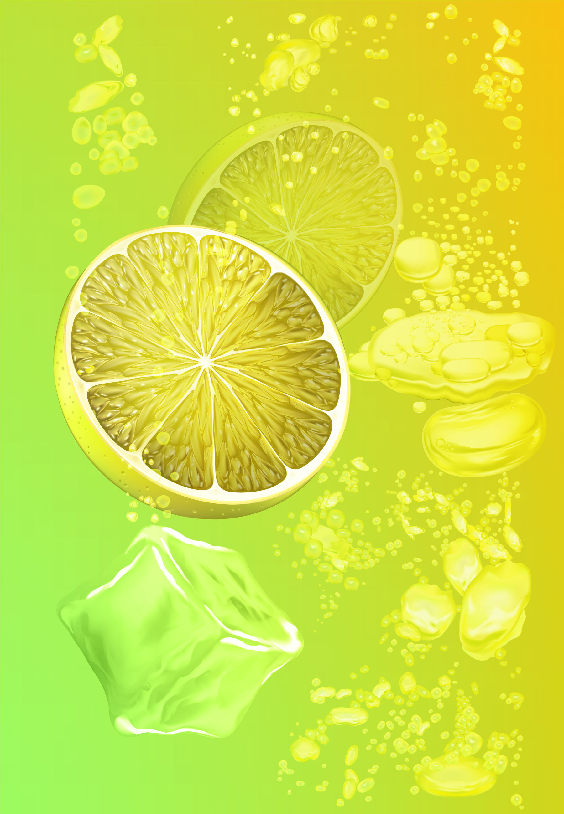 lemon, lobules, art, bubbles, liquid, slices, ice