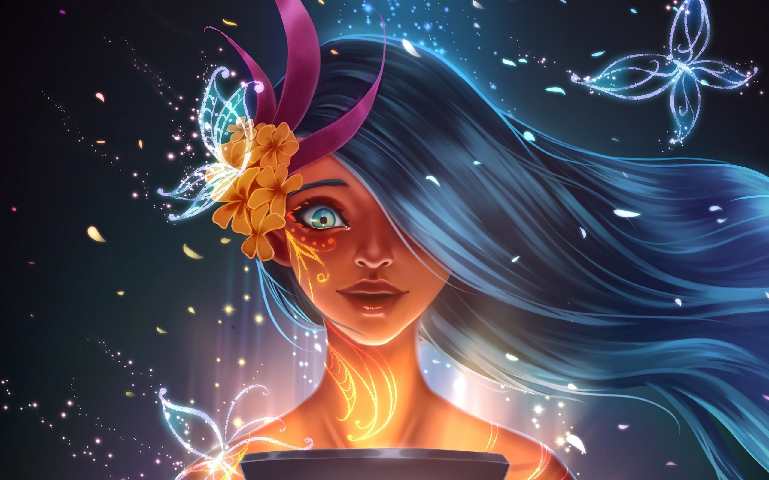 Download mobile wallpaper Fantasy, Flower, Women, Blue Hair, Long Hair, Aqua Eyes for free.