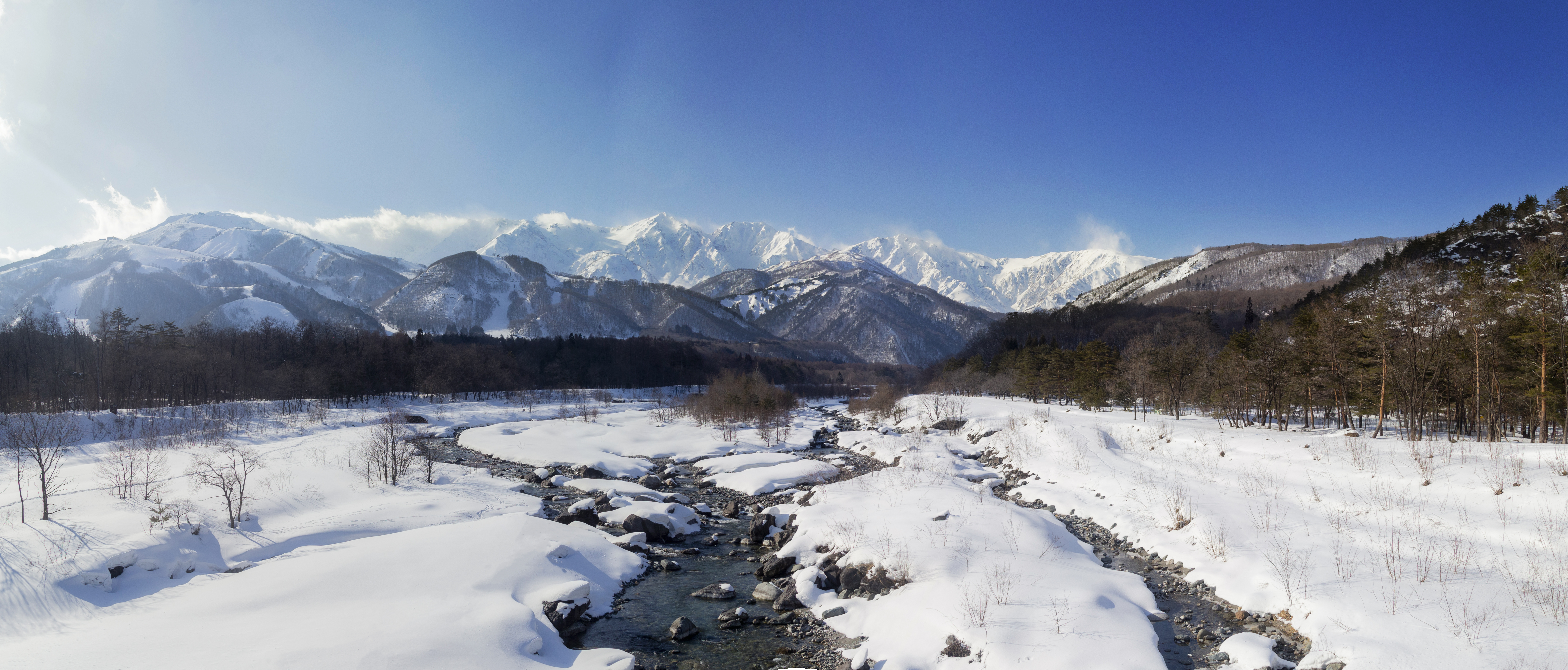 Download mobile wallpaper Brook, Creek, Snow, Mountains, Nature, Winter, Landscape for free.