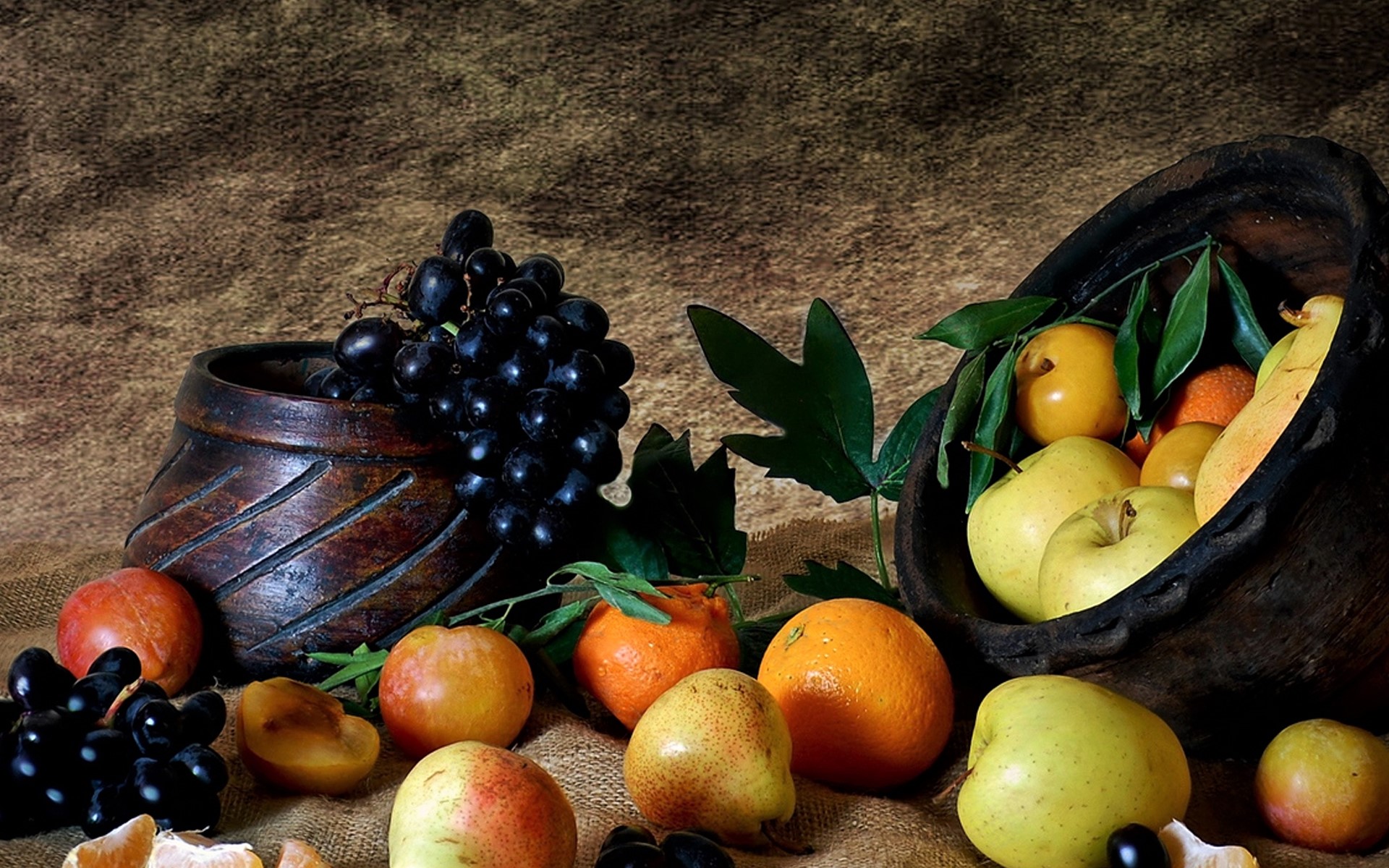 Download mobile wallpaper Food, Apple, Grapes, Still Life, Bowl, Fruit, Vase, Orange (Fruit) for free.
