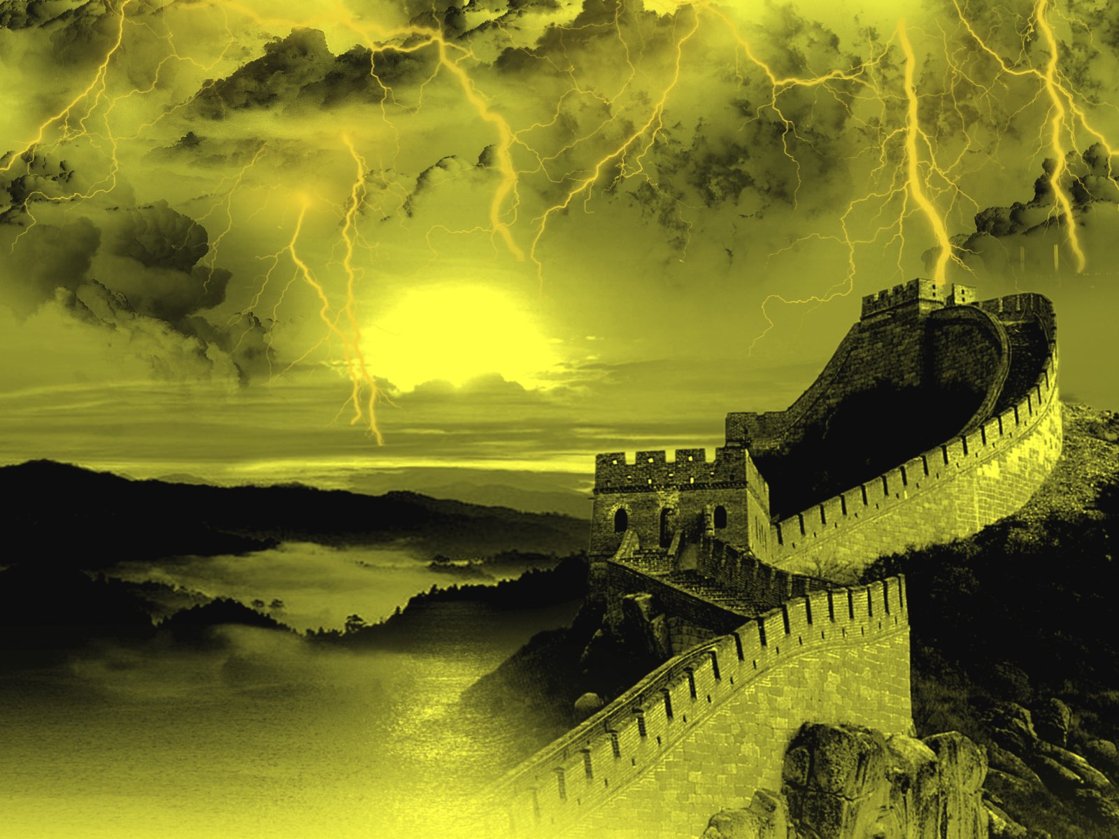 158749 скачать картинку сделано человеком, великая китайская стена, графика, кита́й, ландшафт, молния, закат, памятники - обои и заставки бесплатно