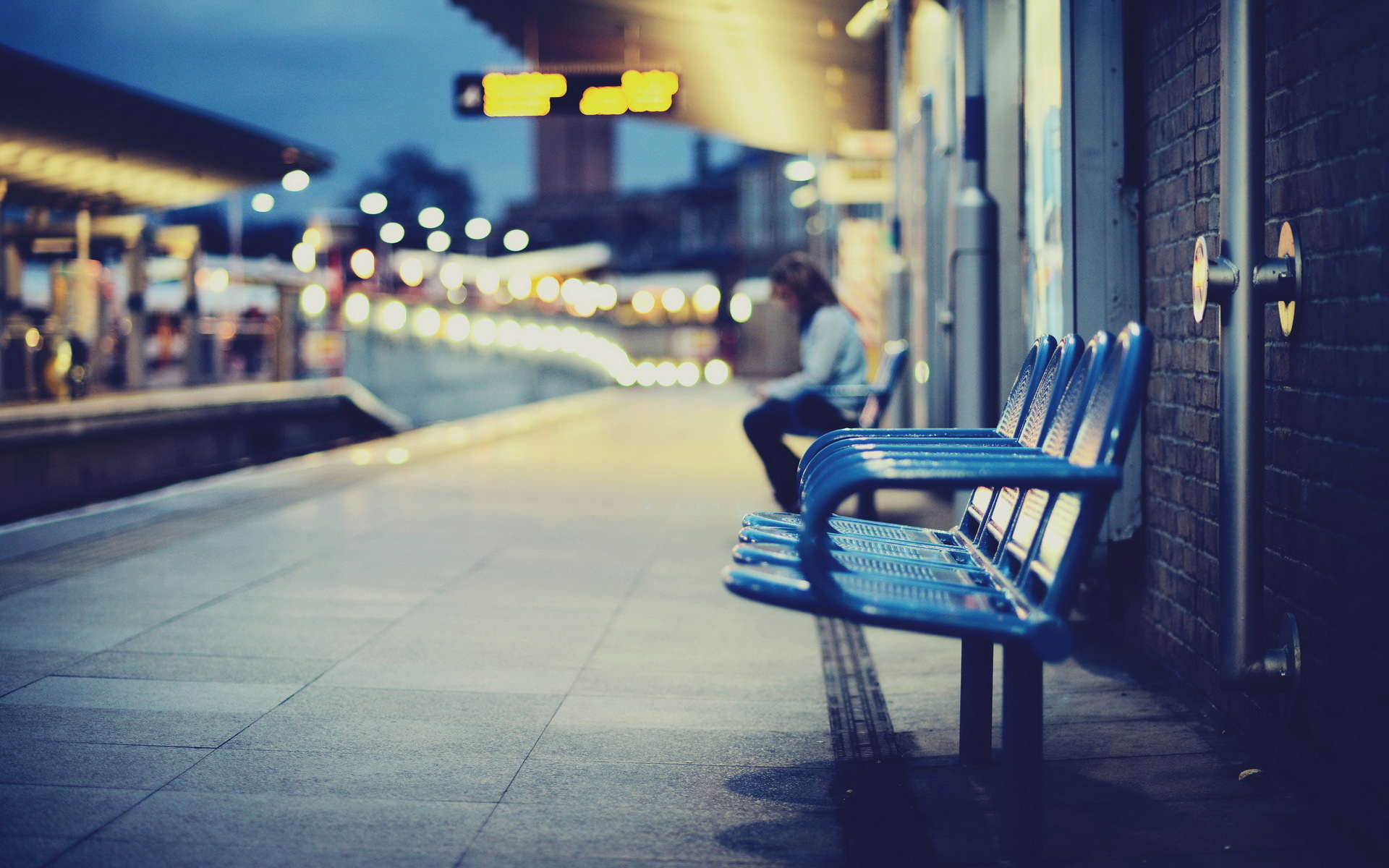 Download mobile wallpaper People, Night, Light, Bench, Train, Man Made for free.