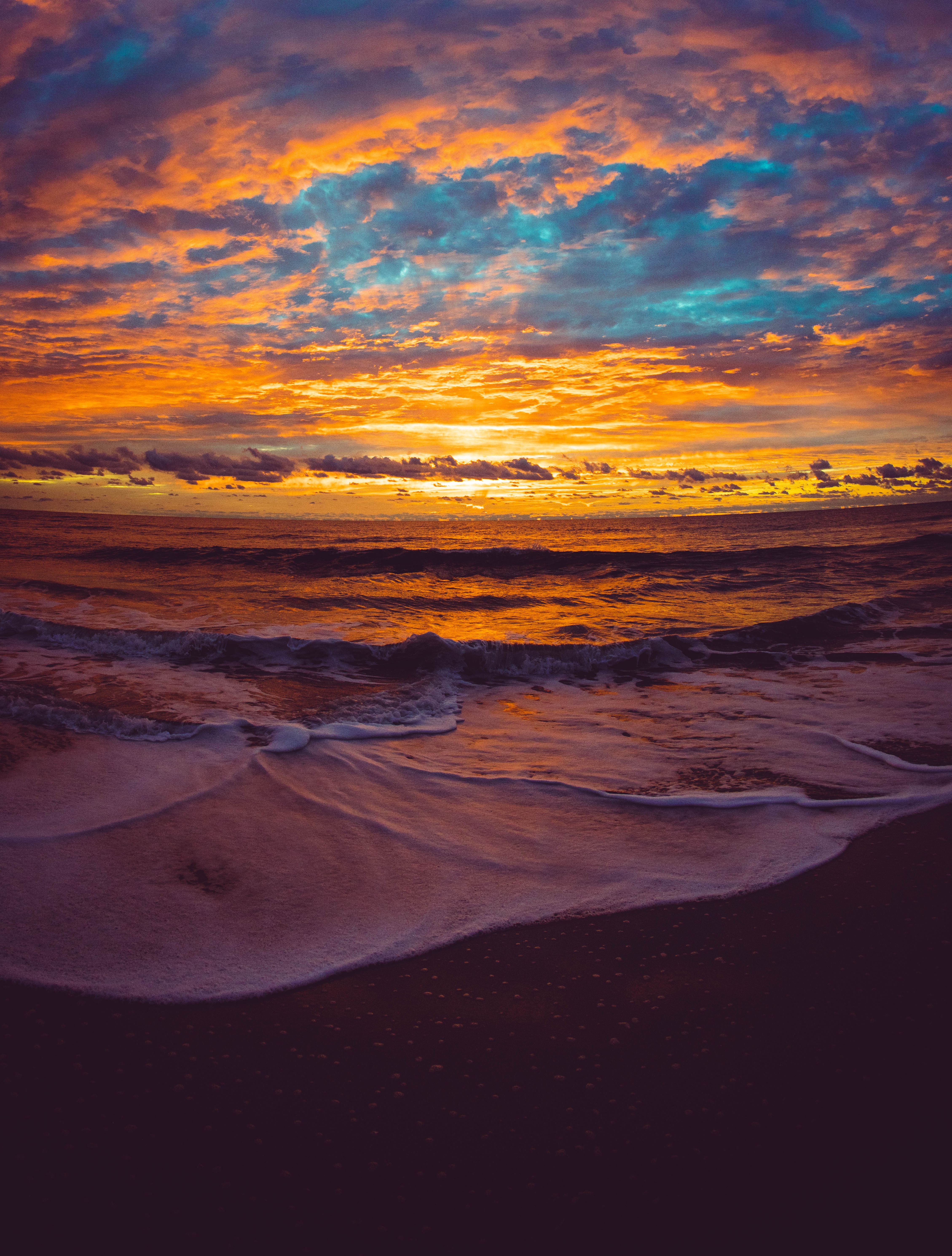 nature, sunset, twilight, beach, sea, waves, dusk Phone Background