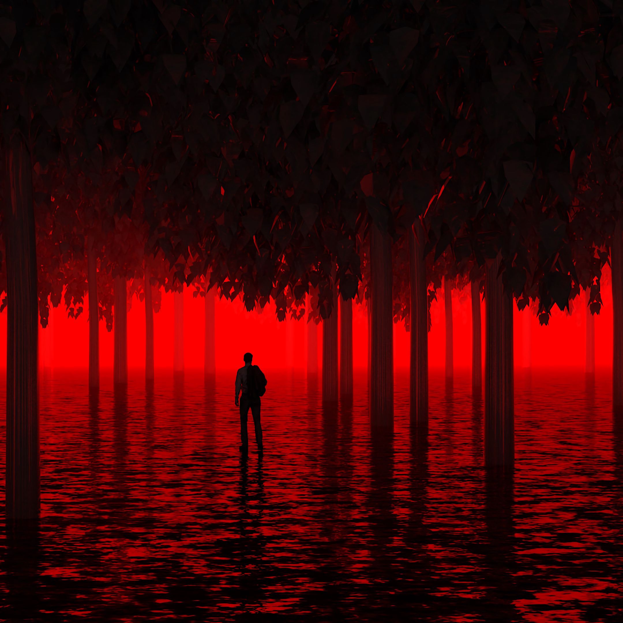 Скачать обои бесплатно Затопленный, Человек, Свет, Деревья, Красный, Вода, Темные, Неон картинка на рабочий стол ПК