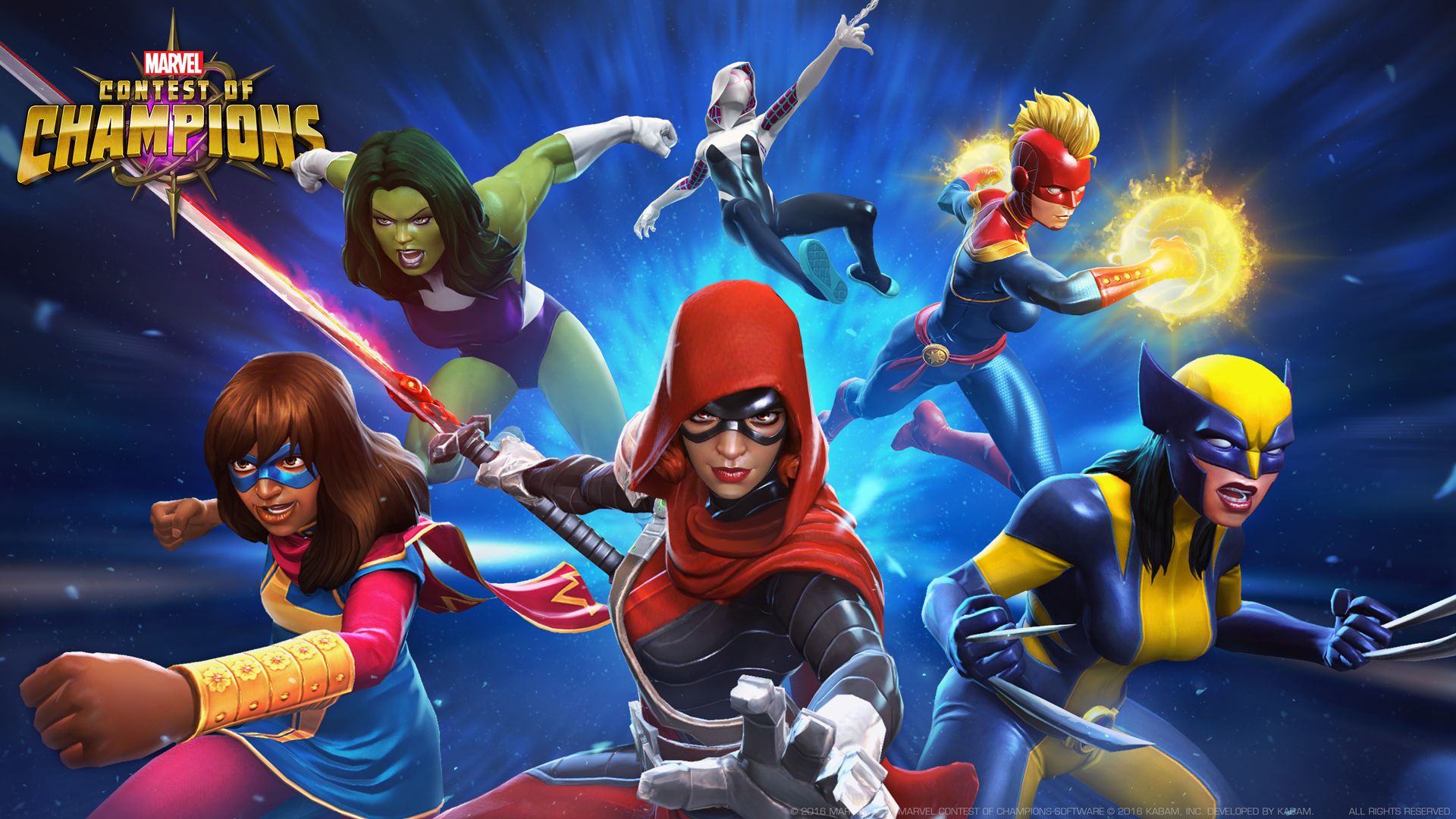 Download mobile wallpaper Wolverine, Video Game, Captain Marvel, She Hulk, Ms Marvel, X 23, Spider Gwen, Marvel Contest Of Champions for free.