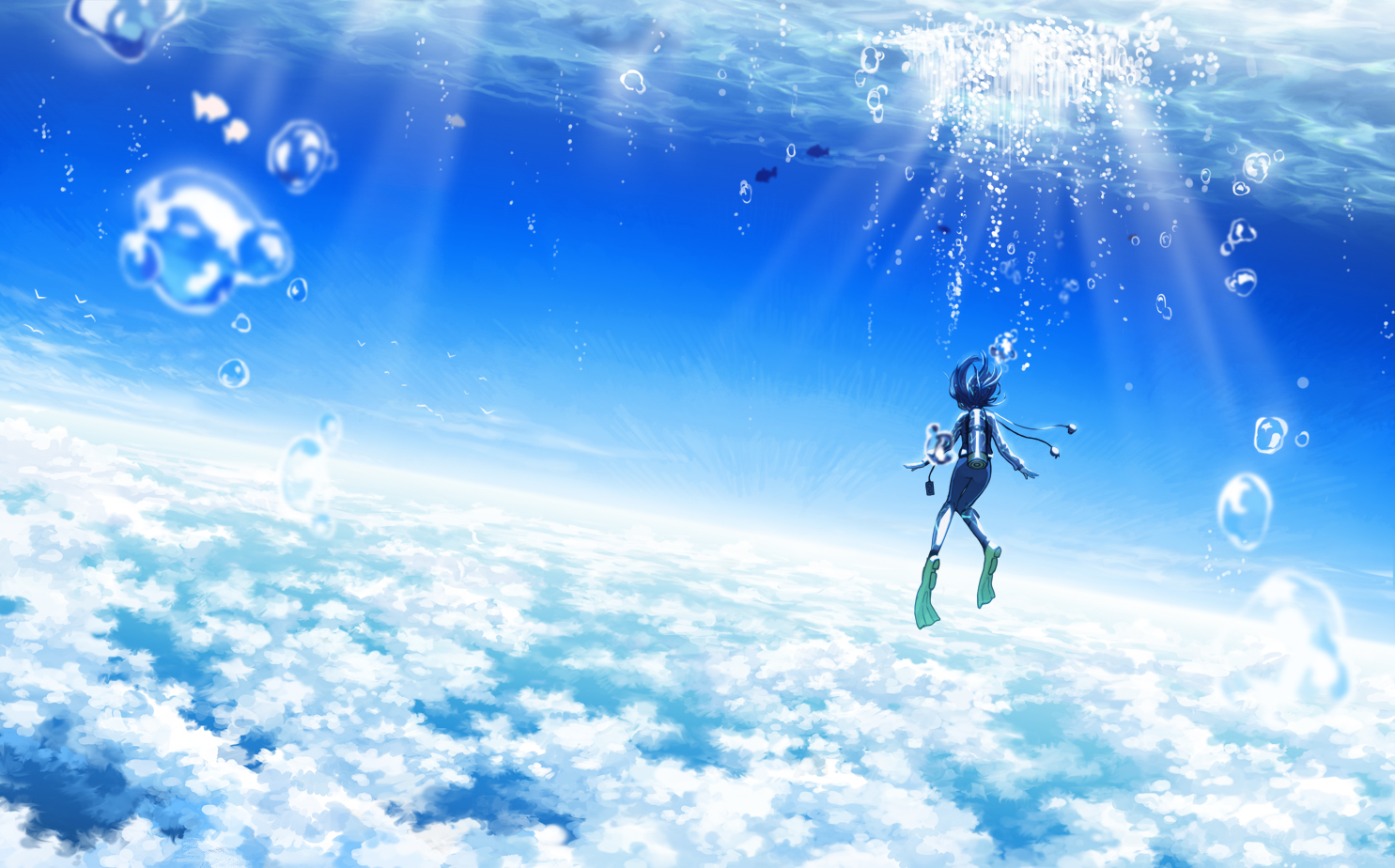 Скачать обои бесплатно Аниме, Небо, Море, Облака, Под Водой картинка на рабочий стол ПК